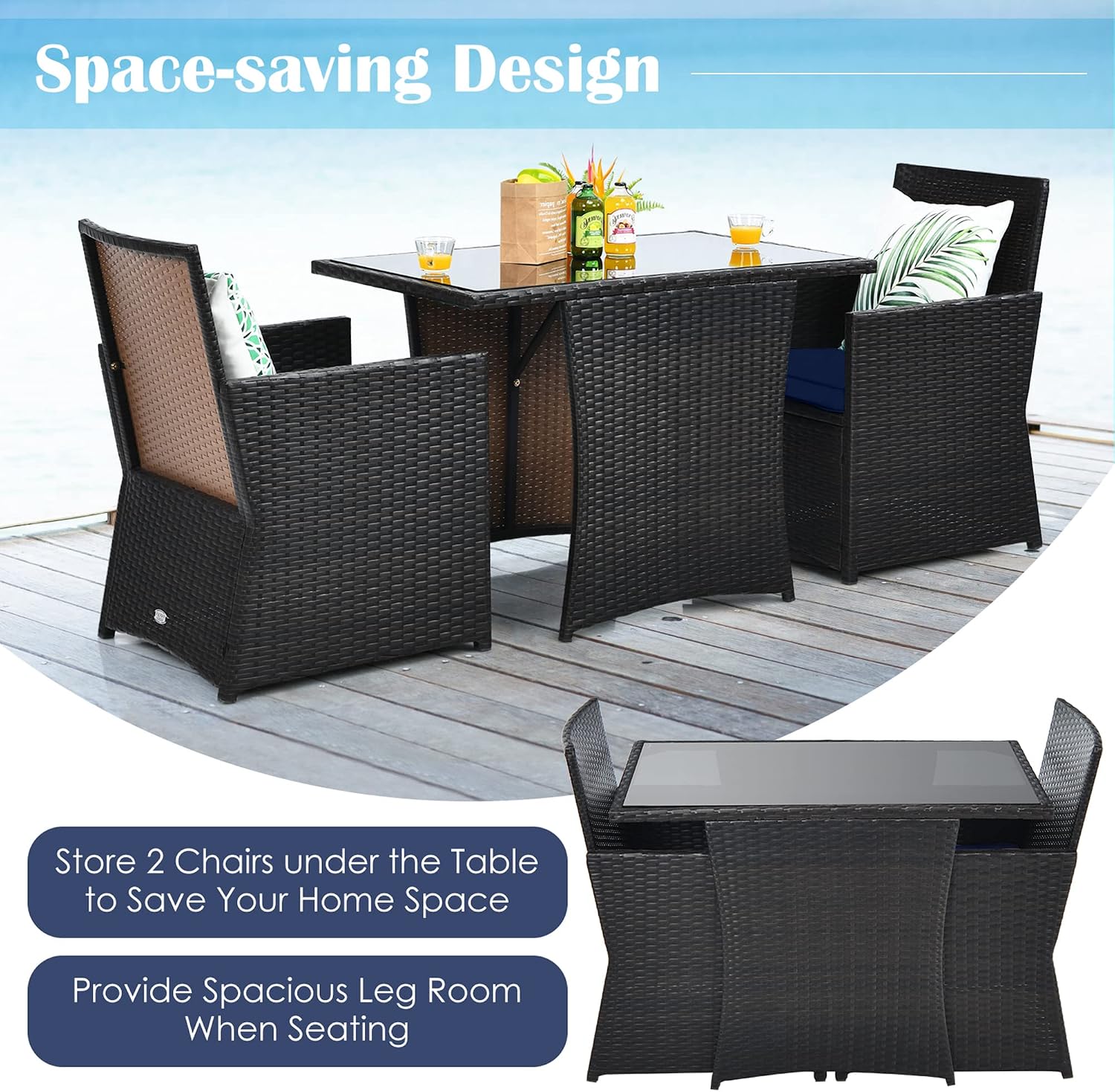 DORTALA Wicker Patio Bistro Set 3 Piece, Outdoor Table and Chairs with Tempered Glass Tabletop, Cushions, Small Rattan Furniture Conversation Sofa Set for Balcony, Porch, Backyard, Deck, Navy