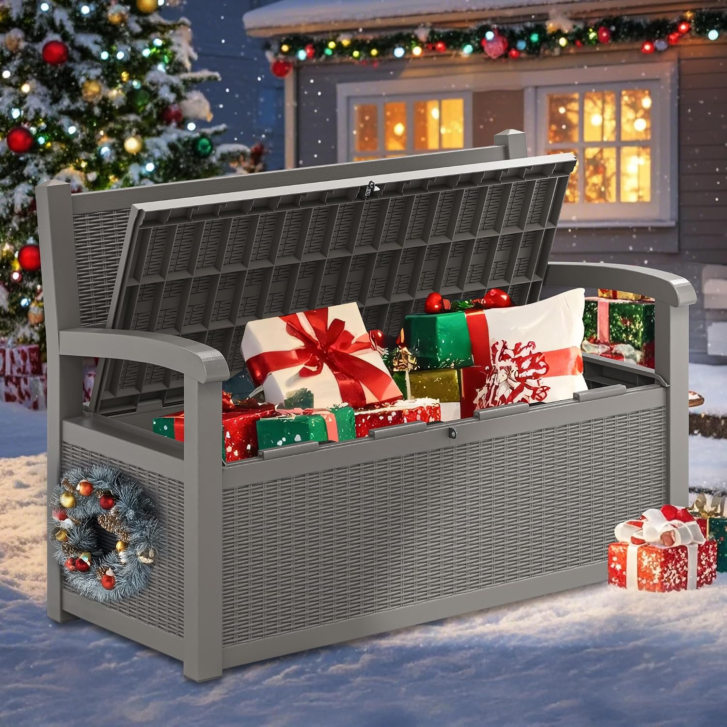 70 Gallon Lockable Outdoor Storage Bench with Armrests | Waterproof Resin Deck Box for Porch, Patio, Pool | Easy to Assemble & Clean - Gray