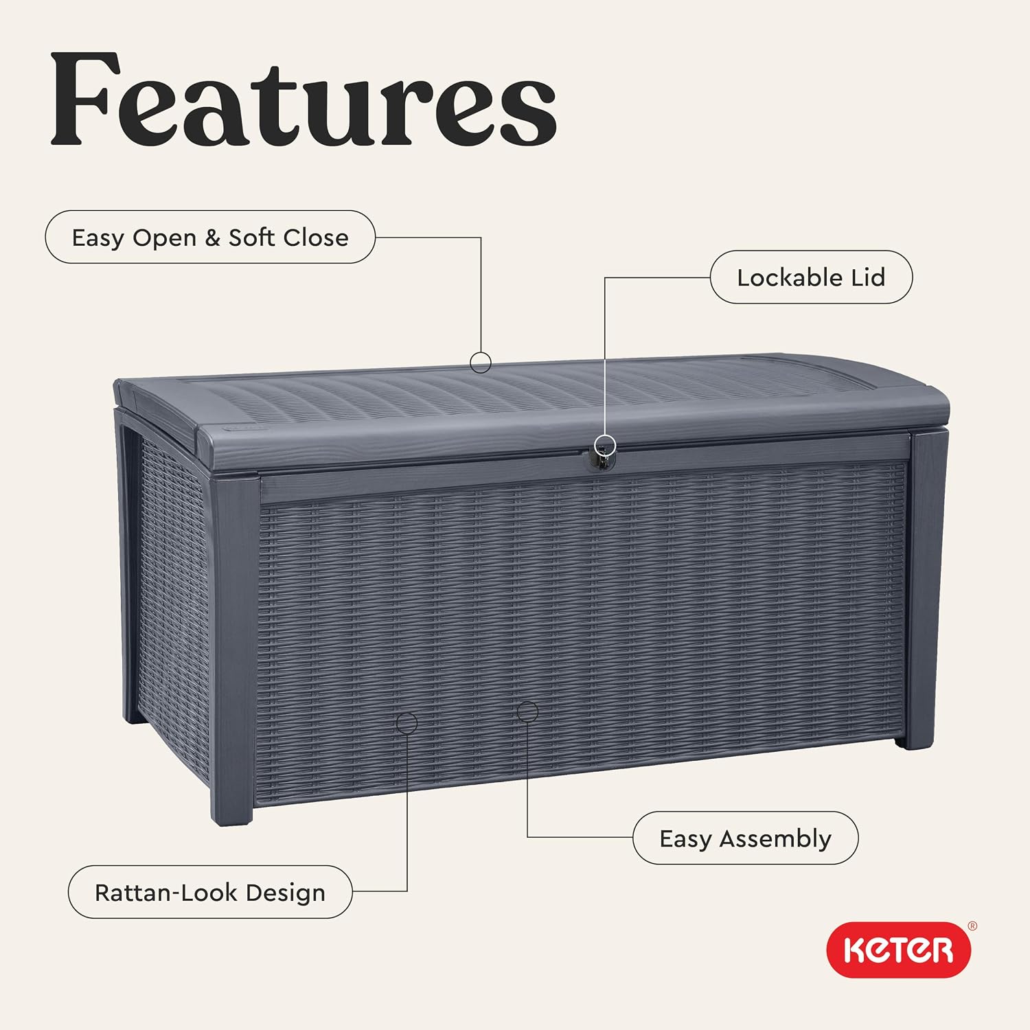 Keter Outdoor Storage Deck Box for Patio, Backyard & Garden, Borneo, 110 Gal, Grey - Lockable, Organizing, and Waterproof Plastic Container Bench