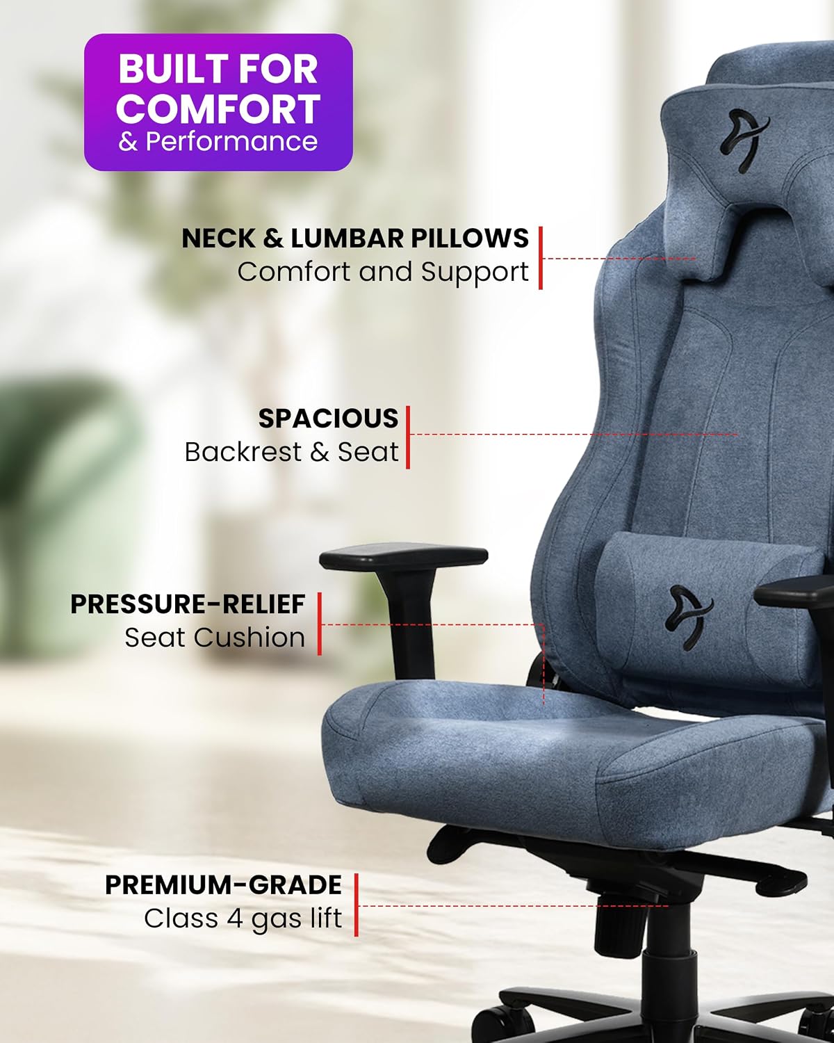 Arozzi Vernazza Soft Fabric Durable Upholstery Ergonomic Office and Gaming Chair with High-Level Features Like 3D Armrests and a Pro Mechanism Along with Soft Neck & Lumbar Support Pillows-Blue