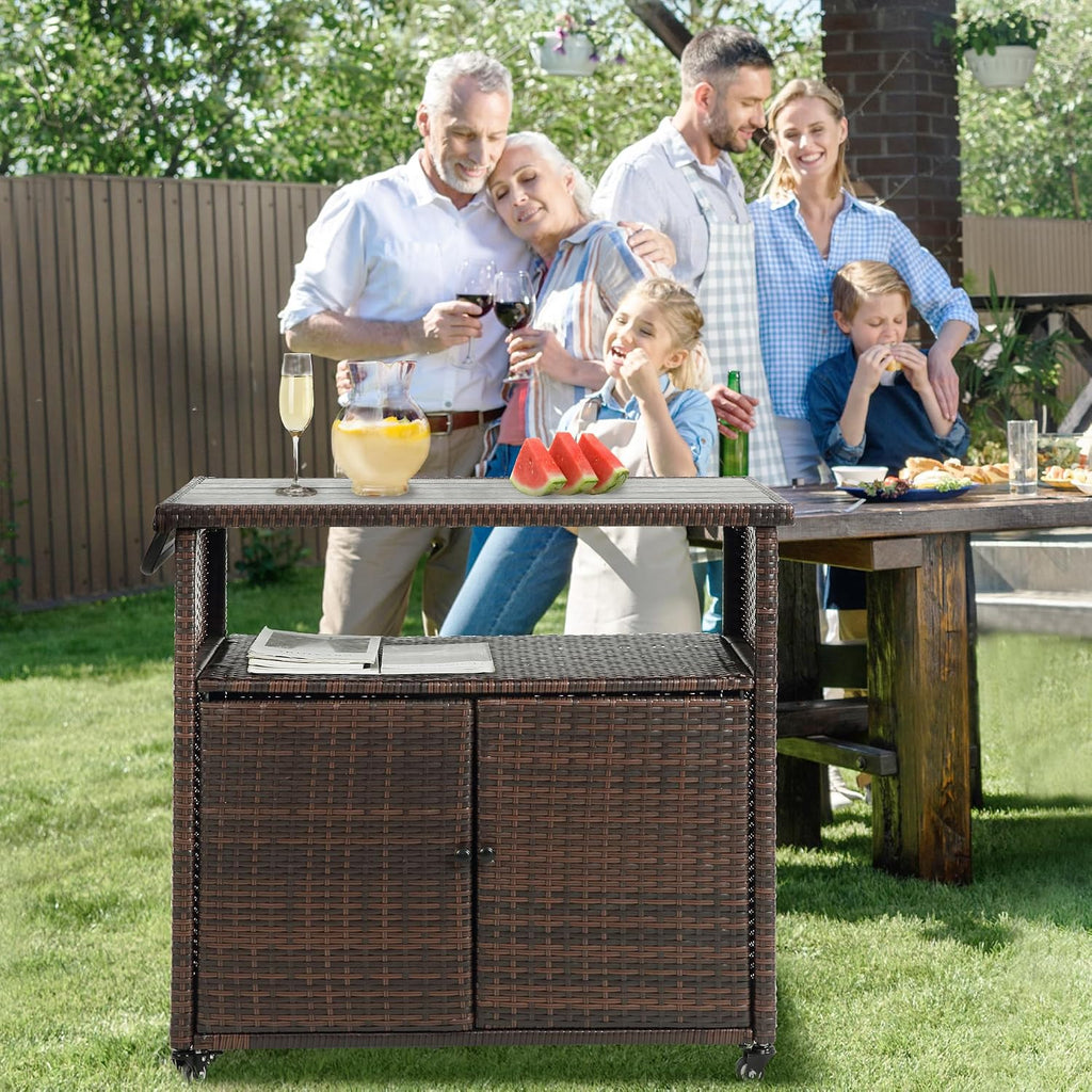HOMEFUN Outdoor Bar Cart with Storage Cabinet - Outside Bar Table with Wheels Wicker Grill Carts Patio Kitchen Island Table Weatherproof Prep Stand, Brown