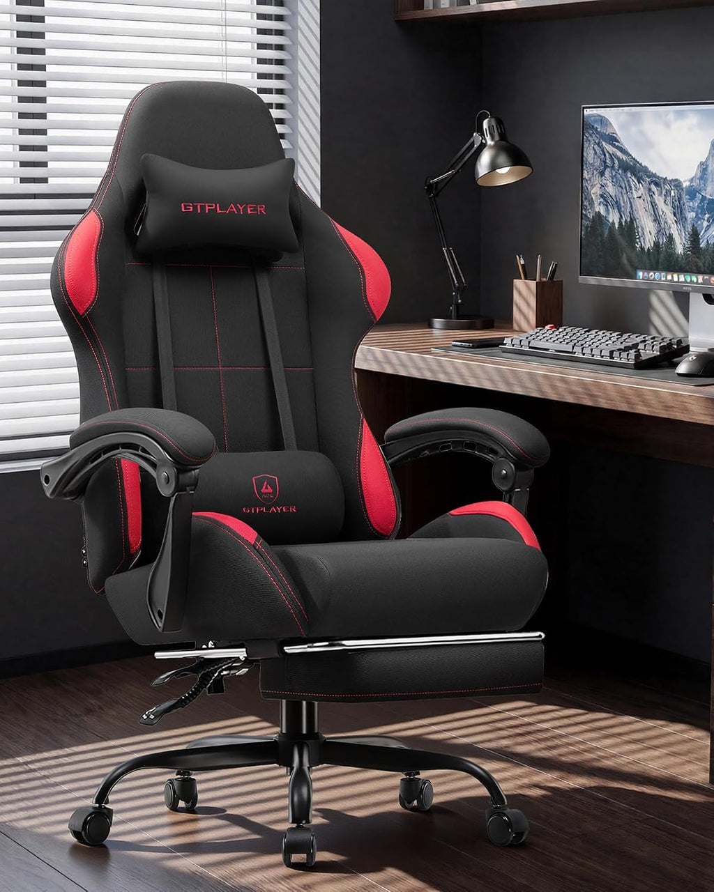 GTPLAYER Gaming Chair Fabric with Pocket Spring Cushion,Computer Office Chair with Lumbar Support for Adults Linkage Armrests and Footrest Ergonomic Gamings Chairs Height Adjustable RED