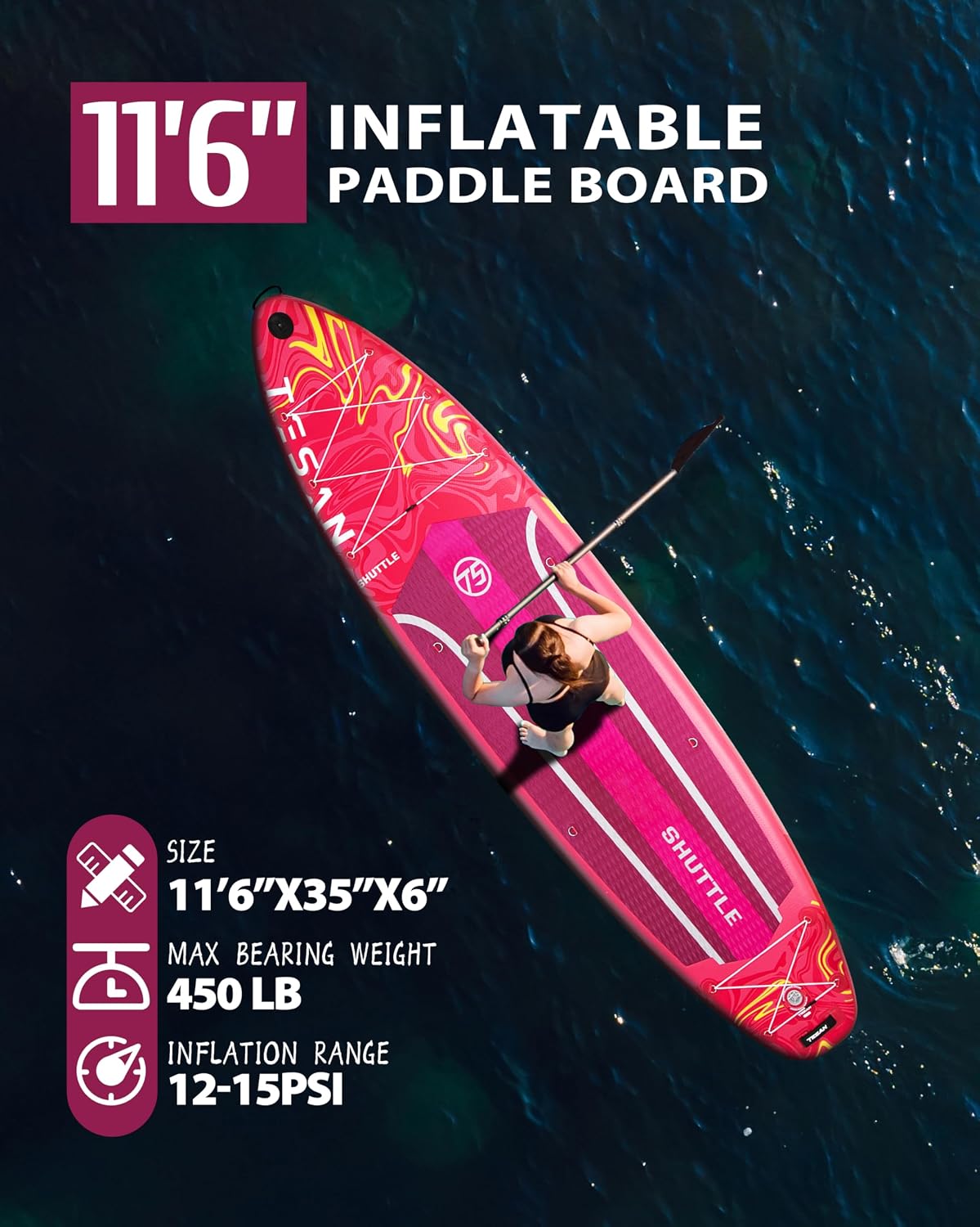 11'6x35'' Extra Wide Inflatable Paddle Board,All-Round Ultra Stable Stand Up Paddleboards with Plus Kits for 450lb,Dual Bungees, Camera Mount, 100L Backpack, Dual-Action Pump