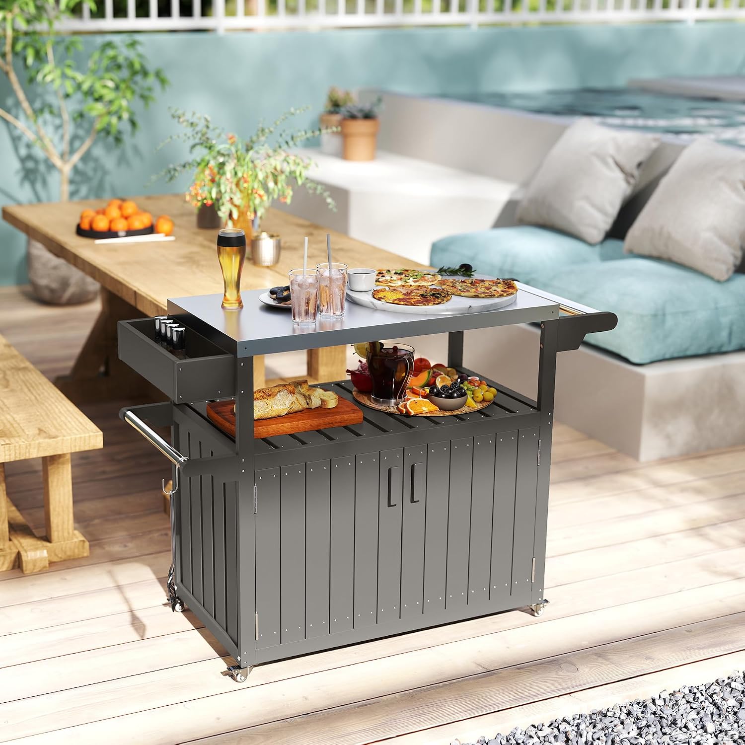 Outsunny Outdoor Bar Cart with Storage Cabinet, Stainless Steel Top Kitchen Island on Wheels, HDPE Outdoor Bar Table, Movable Patio Beverage Food Prep Table for BBQ Picnic, Dark Gray