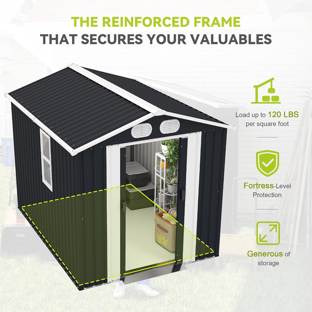KEIKI 8x6 FT Outdoor Storage Shed, Metal Garden Shed, Heavy Duty Tool Shed, Lockable Weatherproof Storage House with Air Vents for Backyard Patio Outdoor Storage, Dark Gray
