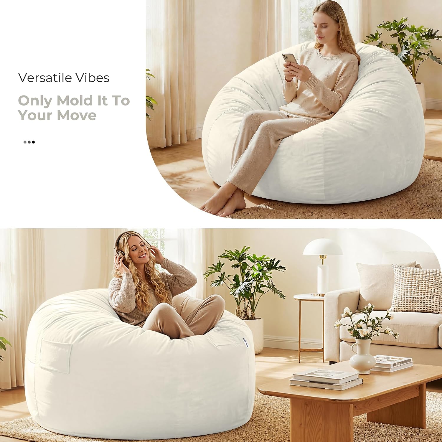 HABUTWAY Bean Bag Chair: Giant 5' Memory Foam Furniture Bean Bag Chairs for Adults with Microfiber Cover 5Ft (Beige)