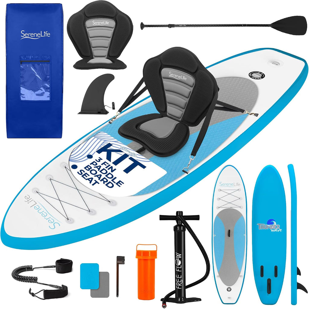 SereneLife Inflatable Stand Up Paddle Board and Detachable Seat - SUP Paddleboard Set for Adults and Youth, 32' Wide Design with Non-Slip EVA Deck Pad and Marine-Grade Materials, 350 lbs Capacity