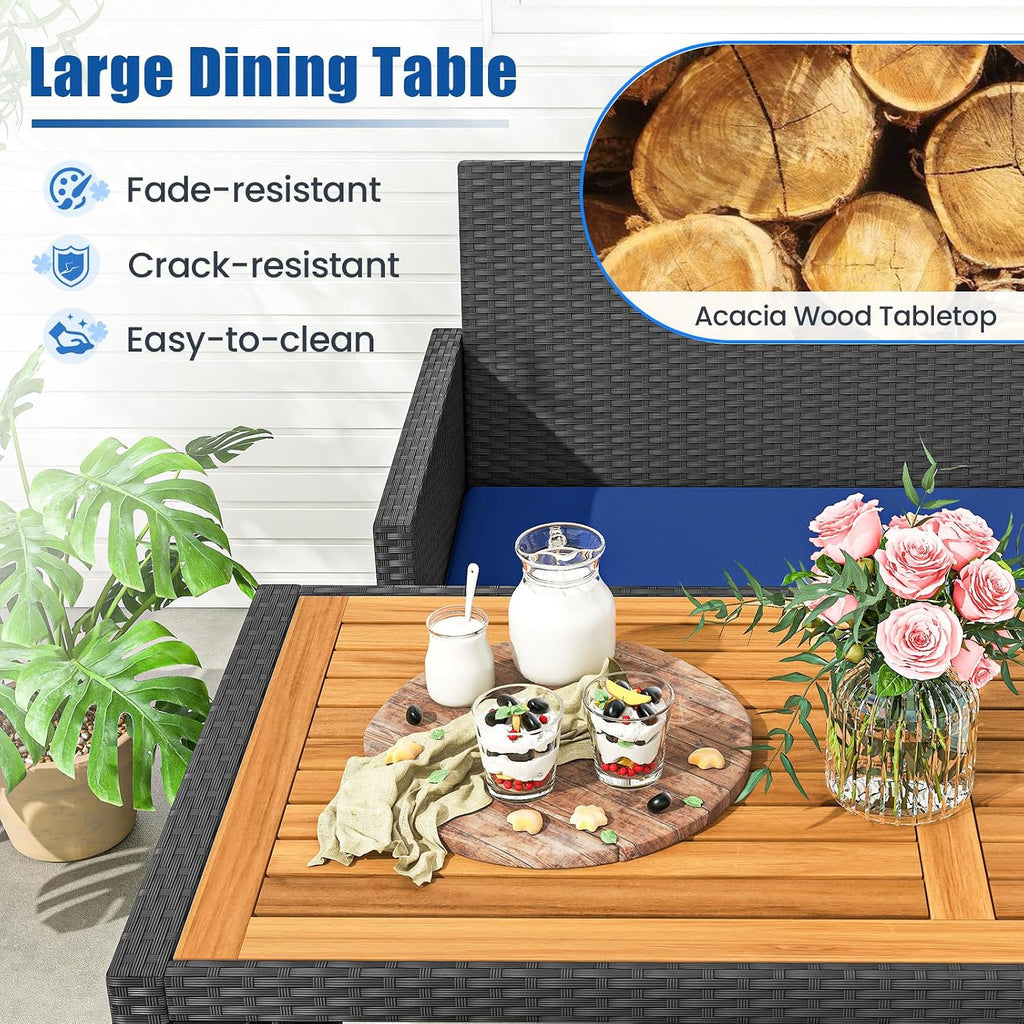 Tangkula 4 Pieces Patio Dining Set, Space Saving PE Rattan Loveseat with Acacia Wood Top Dining Table, Storage Ottomans & Soft Cushions, Outdoor Sectional Conversation Set (Navy Blue)