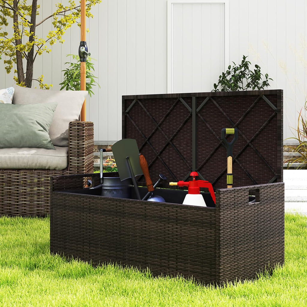 RELAX4LIFE 34-Gallon Outdoor Storage Box - Wicker Rattan Deck Box w/Seat Cushion, Waterproof Liner & Side Handles for Pillows, Patio Cushions, Pool Supplies, Garden Tools, Porch Outdoor Storage Bench