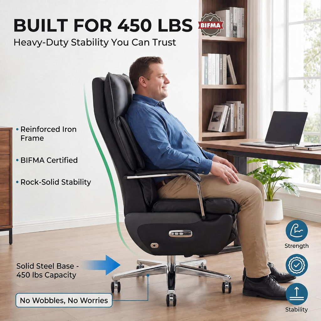 Dual Motor Executive Office Chair with Footrest, 170° Reclining Wide Seat Ergonomic Leather Desk Chair, One-Touch Reset, 450LBS Big and Tall for Home&Office (Black)