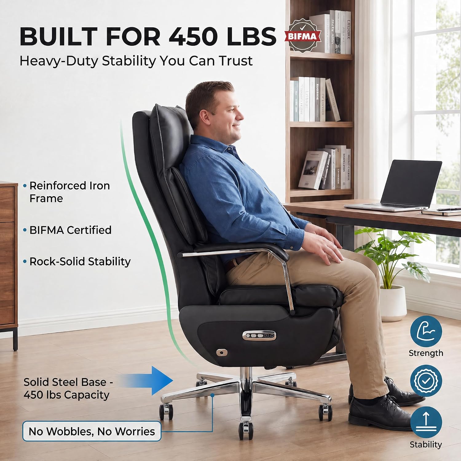 Dual Motor Executive Office Chair with Footrest, 170° Reclining Wide Seat Ergonomic Leather Desk Chair, One-Touch Reset, 450LBS Big and Tall for Home&Office (Black)