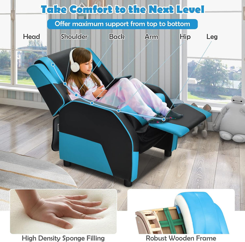 COSTWAY Kids Recliner Sofa, Toddler Leather Recliner with Adjustable Footrest & Headrest, Gaming Reclining Chair for Boys Girls Aged 3 Years Up, Kid-Sized Lounge Chair for Living Room (Blue)