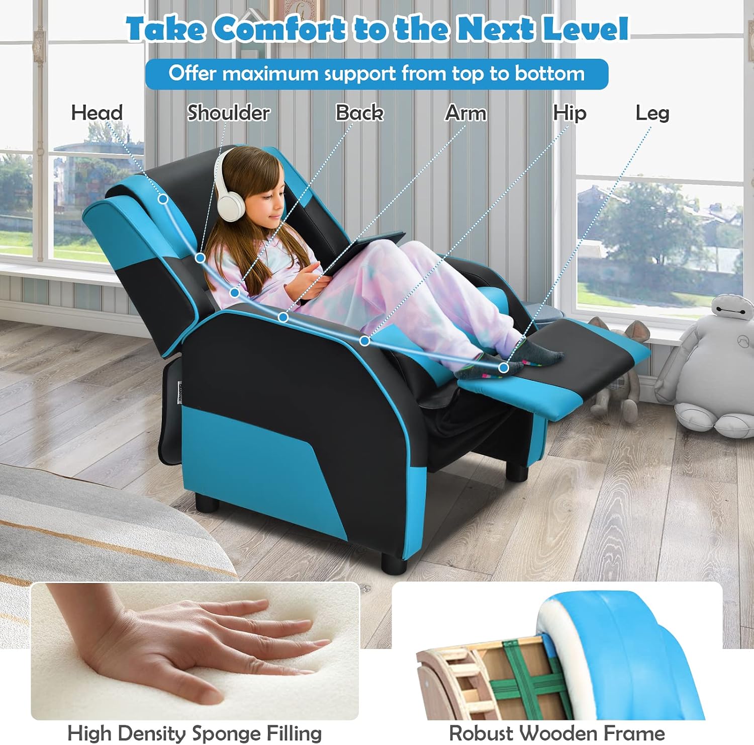COSTWAY Kids Recliner Sofa, Toddler Leather Recliner with Adjustable Footrest & Headrest, Gaming Reclining Chair for Boys Girls Aged 3 Years Up, Kid-Sized Lounge Chair for Living Room (Blue)