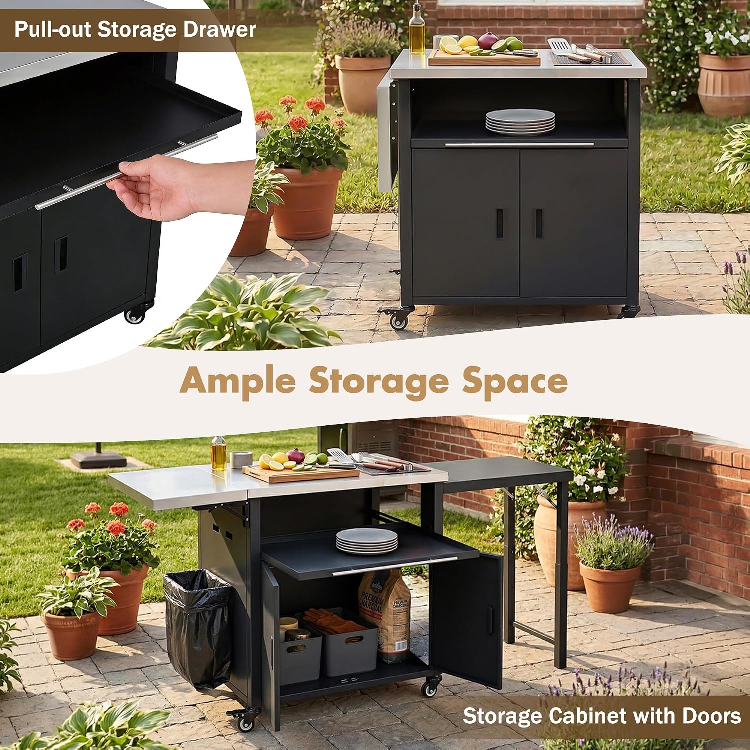 LUMISOL Grill Cart with Foldable Tabletop, Outdoor Foldable Kitchen Cart with Trash Rack, Portable Prep Station Patio Dining Cart with Storage Space and Open Drawer, for Patio Backyard, Black
