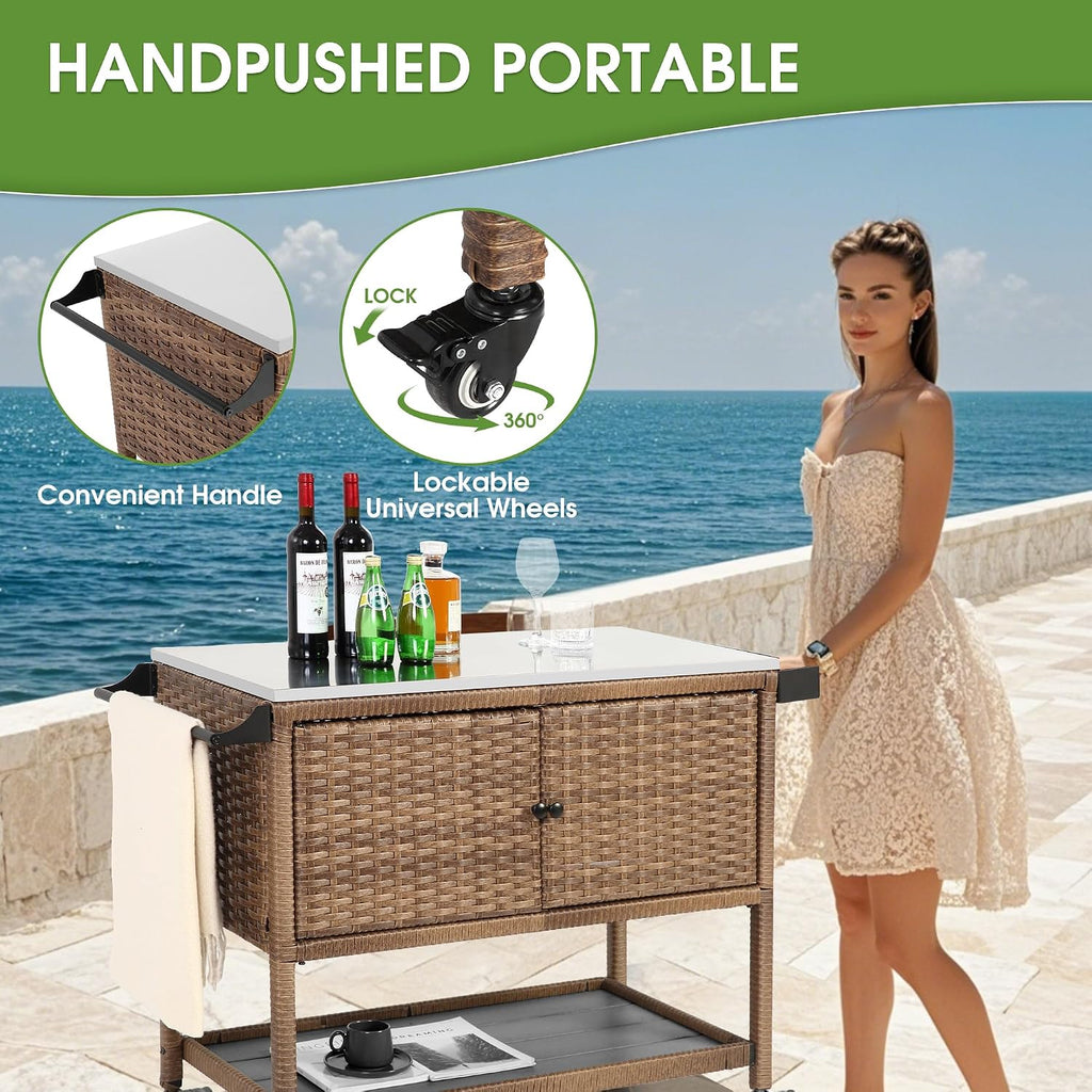 HOMEFUN Outdoor Grill Cart Kitchen Island with Storage Stainless Steel Top BBQ Prep Station Wicker Serving Bar Table with Hooks Wheels Backyard and Patio, Brown