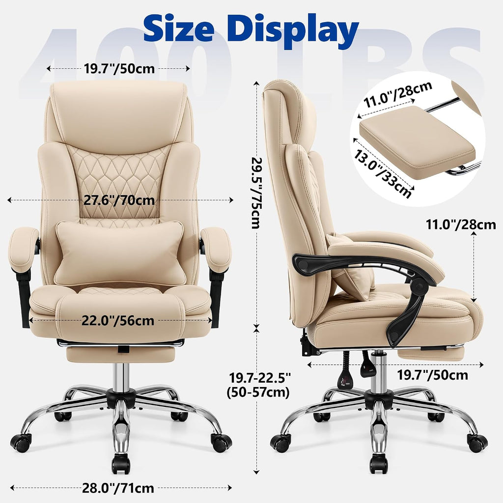 Big and Tall Office Chair 400lbs - Wide Memory Foam Seat with Spring Pack, Reclining Executive Desk Chair with Footrest, Ergonomic Heavy Duty High Back Computer Chair, Khaki