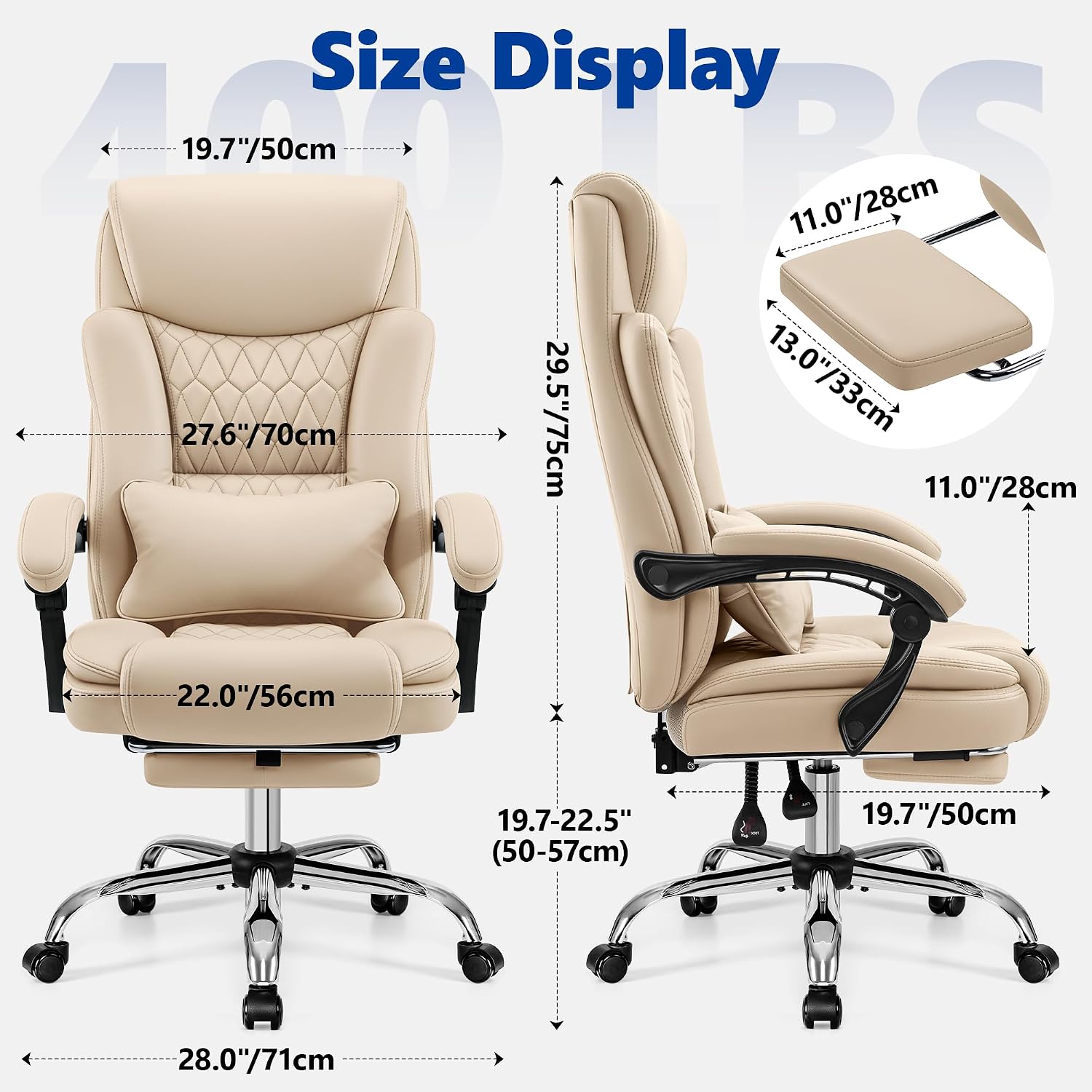 Big and Tall Office Chair 400lbs - Wide Memory Foam Seat with Spring Pack, Reclining Executive Desk Chair with Footrest, Ergonomic Heavy Duty High Back Computer Chair, Khaki