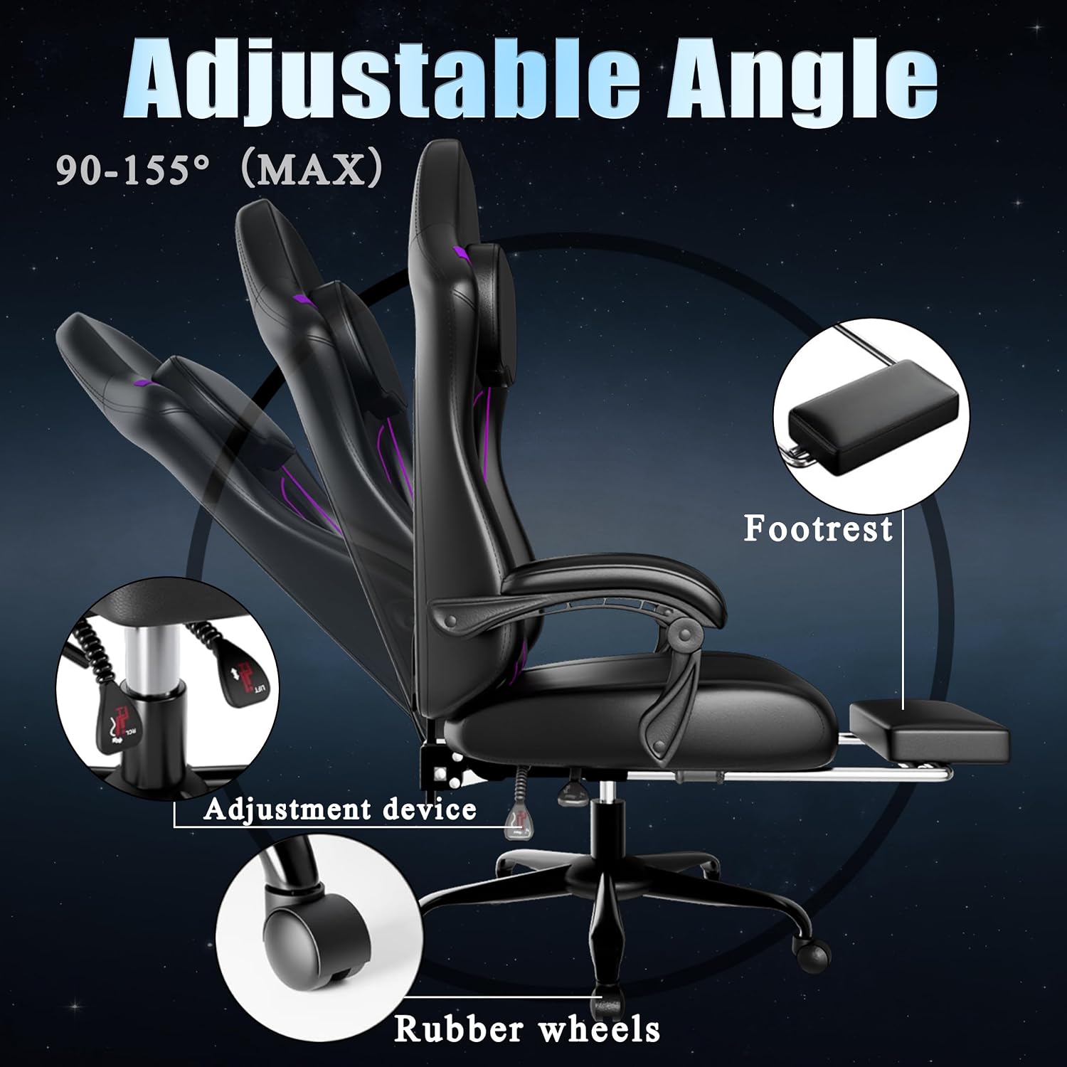 Ergonomic Gaming Chair, Video Game Chair with Pocket Spring Cushion and Footrest, Height Adjustable Computer Chair with Swivel Seat and Headrest (Purple)