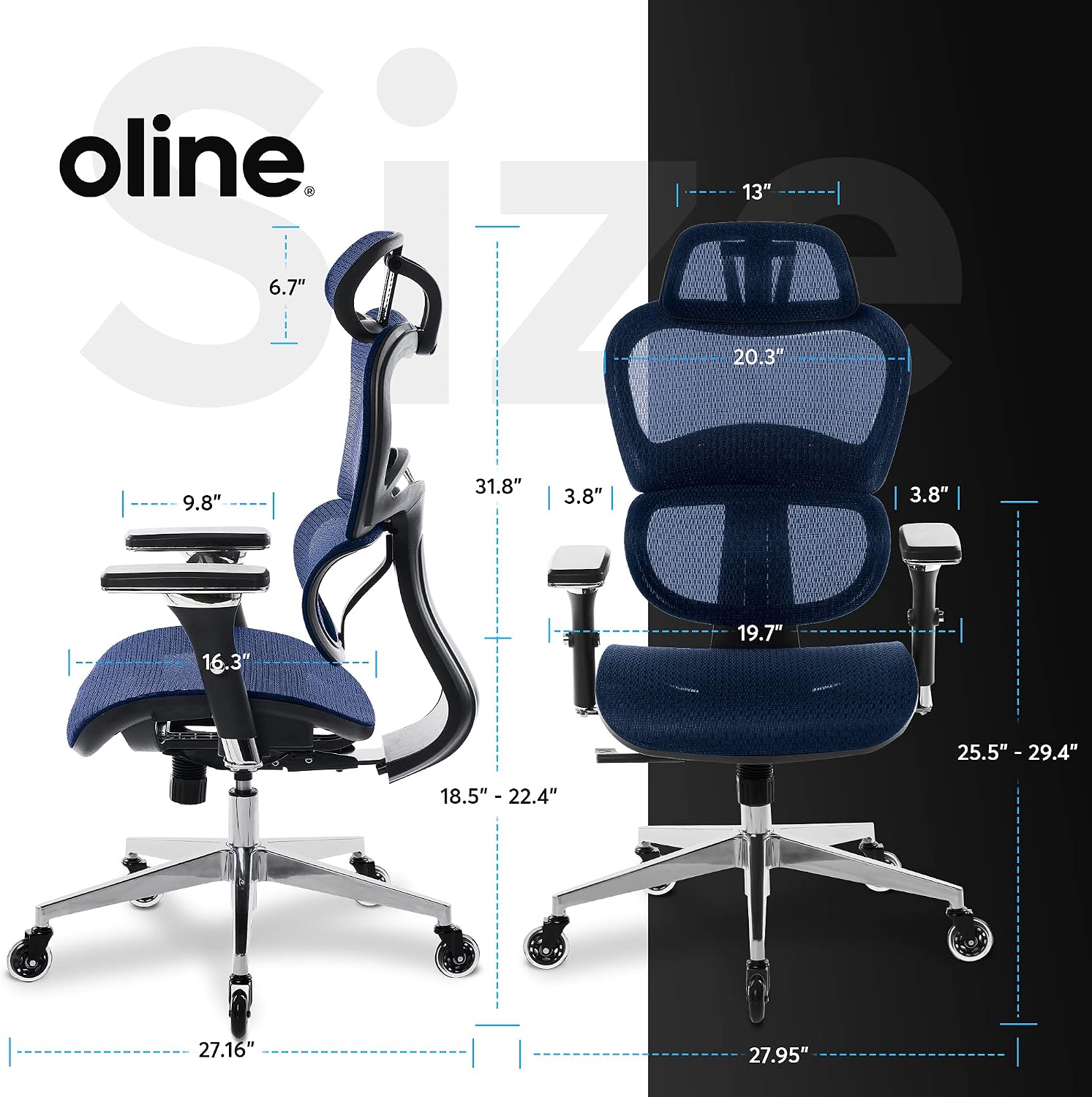 Oline ErgoPro Ergonomic Office Chair - Rolling Desk Chair with 4D Adjustable Armrest, 3D Lumbar Support and Blade Wheels - Mesh Computer Chair, Gaming Chairs, Executive Swivel Chair (Navy Blue)