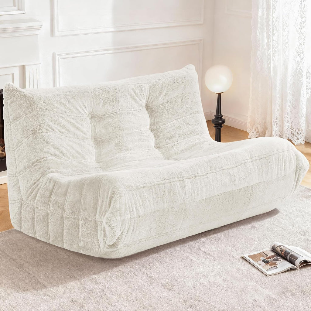 Bean Bag Loveseat Chair Big Sofa Beanbag Chair for Adults Fireside Chair Bean Bag Lounger with Memory Foam Filled for Home,Apartment or Gaming Venue（Beige Plush）
