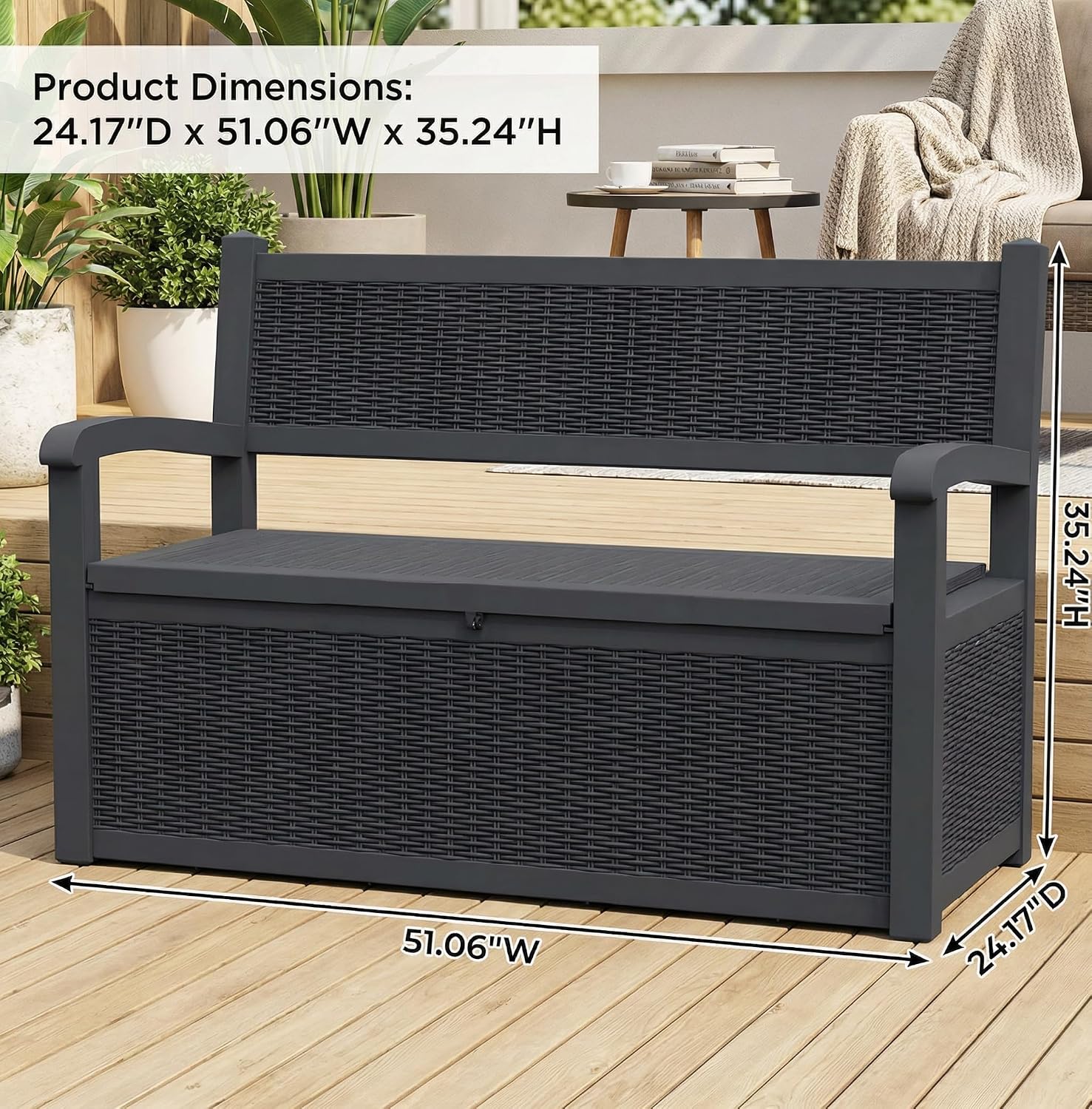 80 Gallon Outdoor Storage Bench, Waterproof Patio Deck Box with Lockable Lid for Garden & Porch, All-Weather Resin Furniture for Cushions, Tools, Pool Accessories