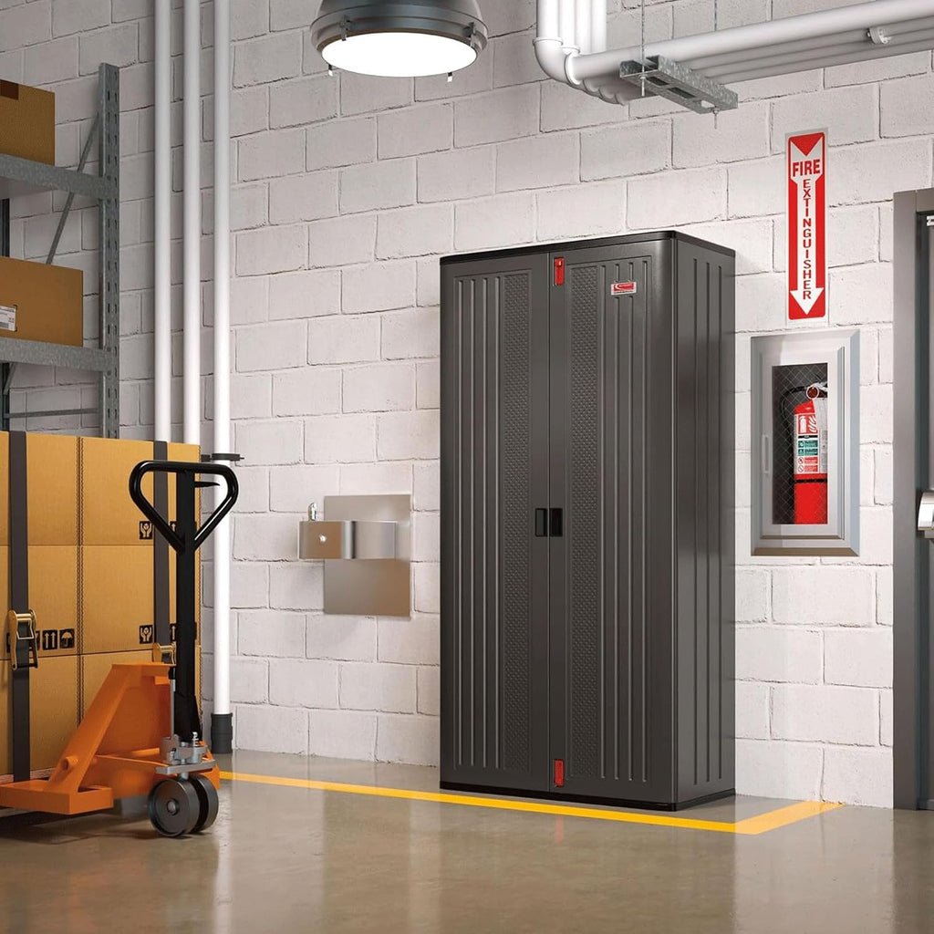 Suncast Commercial 4 Shelf Mega Tall Storage Cabinet, Lockable Garage Utility Shelving Unit, Heavy Duty Plastic Resin Organizer, Gray