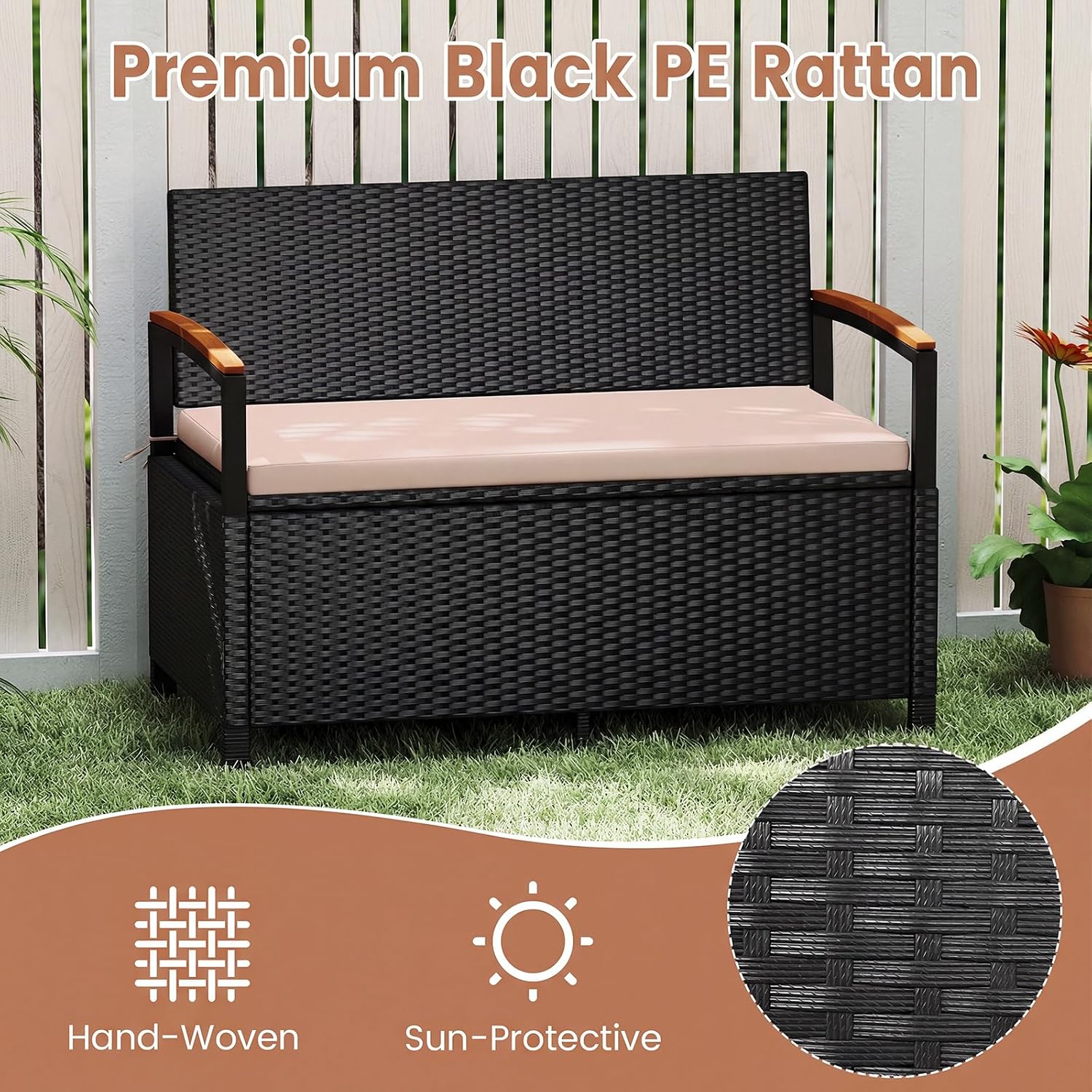 RELAX4LIFE Wicker Outdoor Storage Bench, Rattan Deck Box w/Protective Liner for Patio Furniture Pillows & Garden Tools, Porch Loveseat with Seat Cushion, Acacia Wood Armrests (Black-Beige)