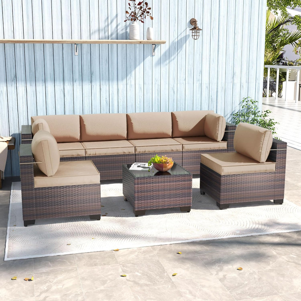 7 Pieces Outdoor Patio Furniture Sets,Wicker Conversation Set Sectional Sofa,Includes 6 All-Weather High Back PE Rattan Seating Components w/Thickened Cushions&Coffee Table,Sand