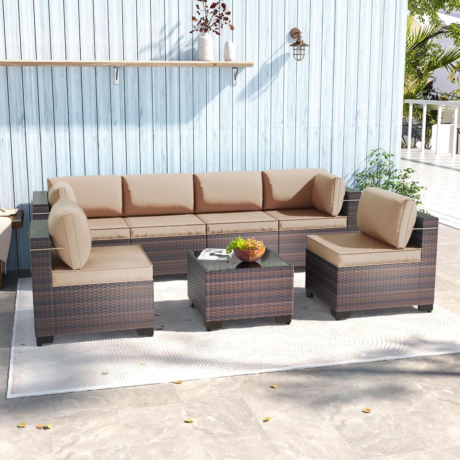 7 Pieces Outdoor Patio Furniture Sets,Wicker Conversation Set Sectional Sofa,Includes 6 All-Weather High Back PE Rattan Seating Components w/Thickened Cushions&Coffee Table,Sand