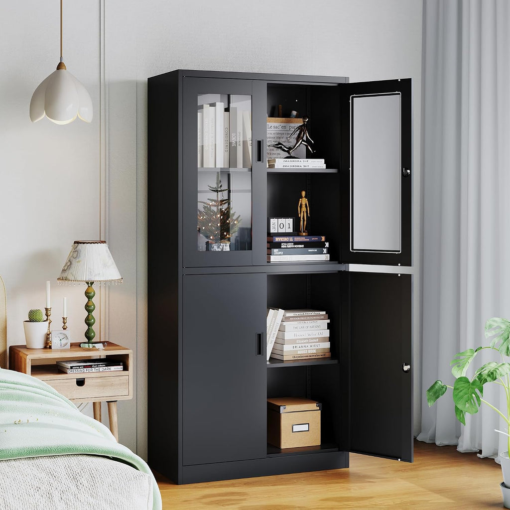 Metal Storage Cabinet with Glass Doors, Lockable Office Storage Cabinet, 71' Tall Display Case with Adjustable Shelves for Home Office,School and Hospital (Black)