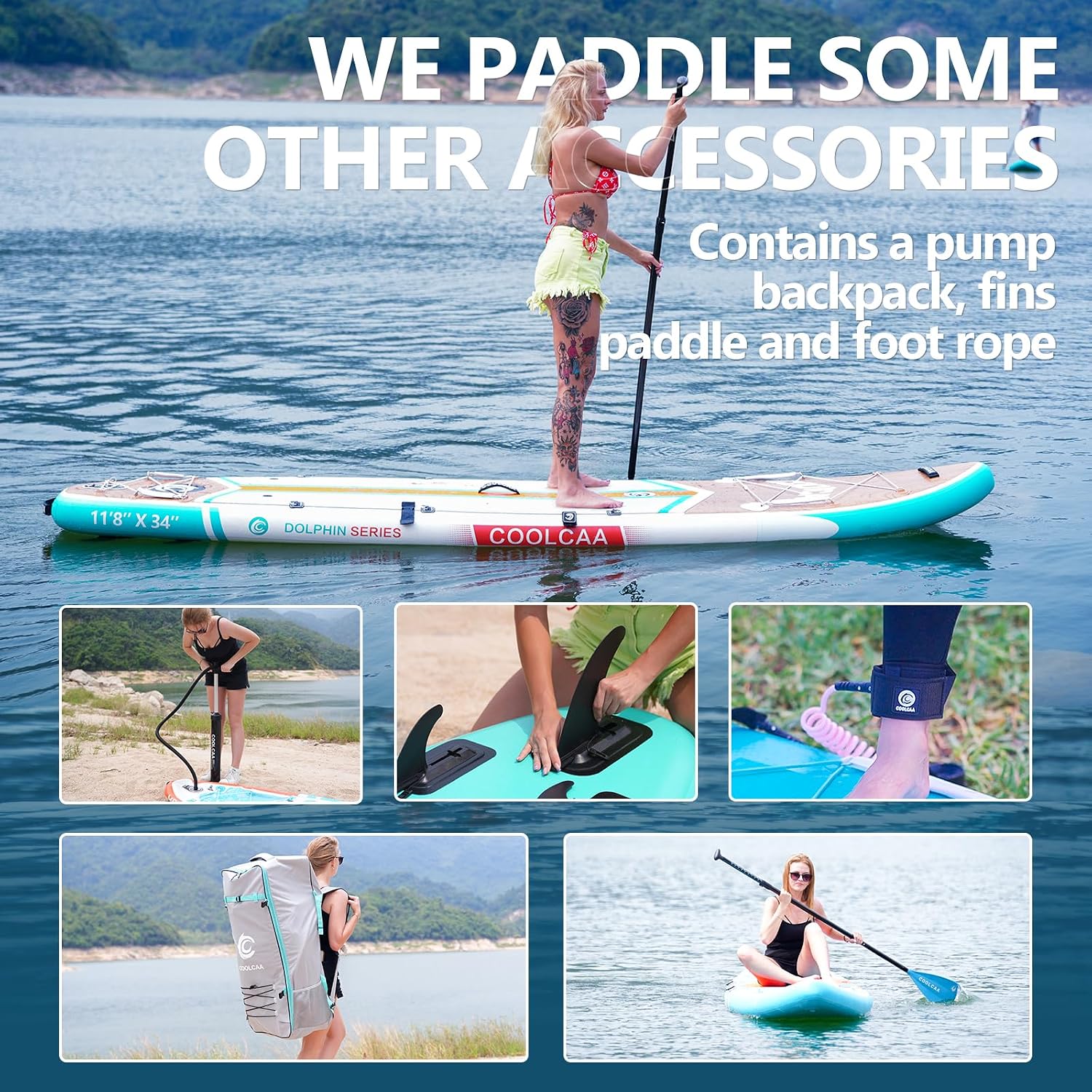 COOLCAA Dolphin Inflatable Paddle Board, Extra Wide & Stable SUP for Family and Beginners, Versatile for Water Activities, with Complete Accessories & Backpack
