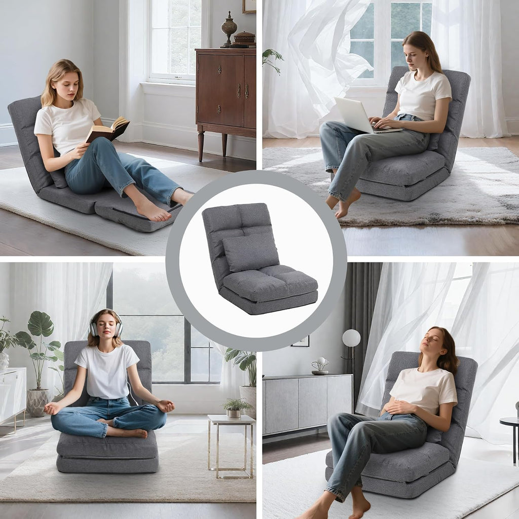 Chaise Lounge Indoor, 14-Position Floor Chair with Padded Pillow for Adults Kids, Folding Lazy Sofa Chair for Living Room, Bedroom, for Gaming Reading (Grey)