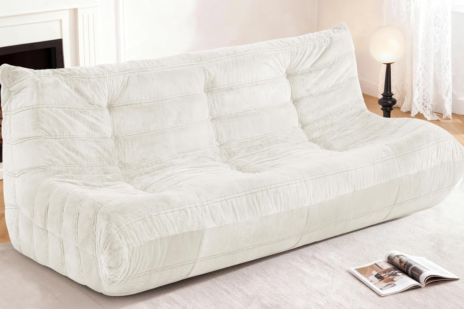 Bean Bag 3-Seater Chair Big Sofa Beanbag Chair for Adults Fireside Chair Bean Bag Lounger with Memory Foam Filled for Home,Apartment or Gaming Venue（Beige Plush）
