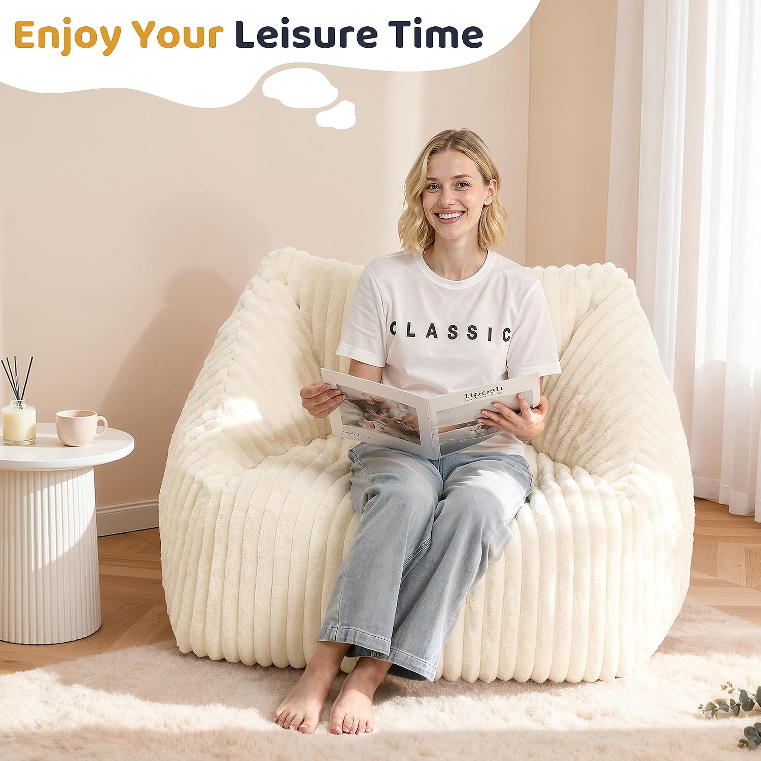 HABUTWAY Bean Bag Chair, Giant Bean Bag Chairs for Adults and Kids, Bean Bag Sofa, Lazy Floor Sofa, Faux Fur Beanbag Chair with Armrests for Living Room Bedroom (Beige)
