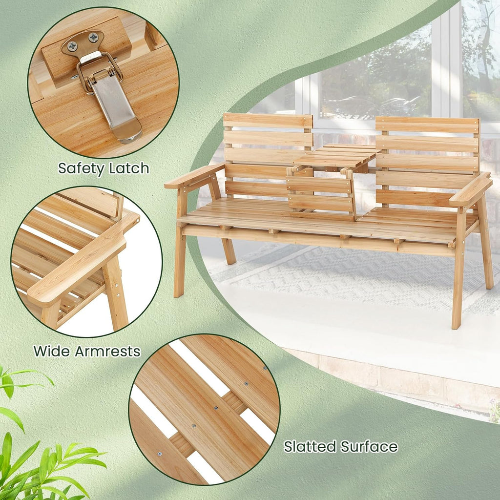 Tangkula Outdoor Fir Wood Bench with Foldable Middle Table, 2-3 Person Garden Bench with Backrest and Armrests, 710 lbs Weight Capacity, Slatted Seat Bench for Porch, Patio, Backyard