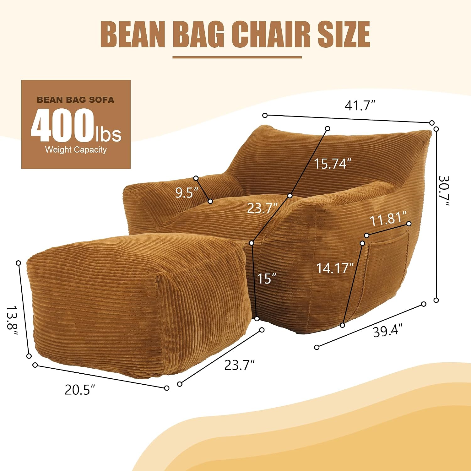 Giant Bean Bag Chair with Ottoman, Comfy Bean Bag Couch with 2 Side Pocket, Corduroy Boneless Couch Chair in a Box, Stuffed Lounge Floor Sofa for Dorm, Bedroom, Living Room, Brown