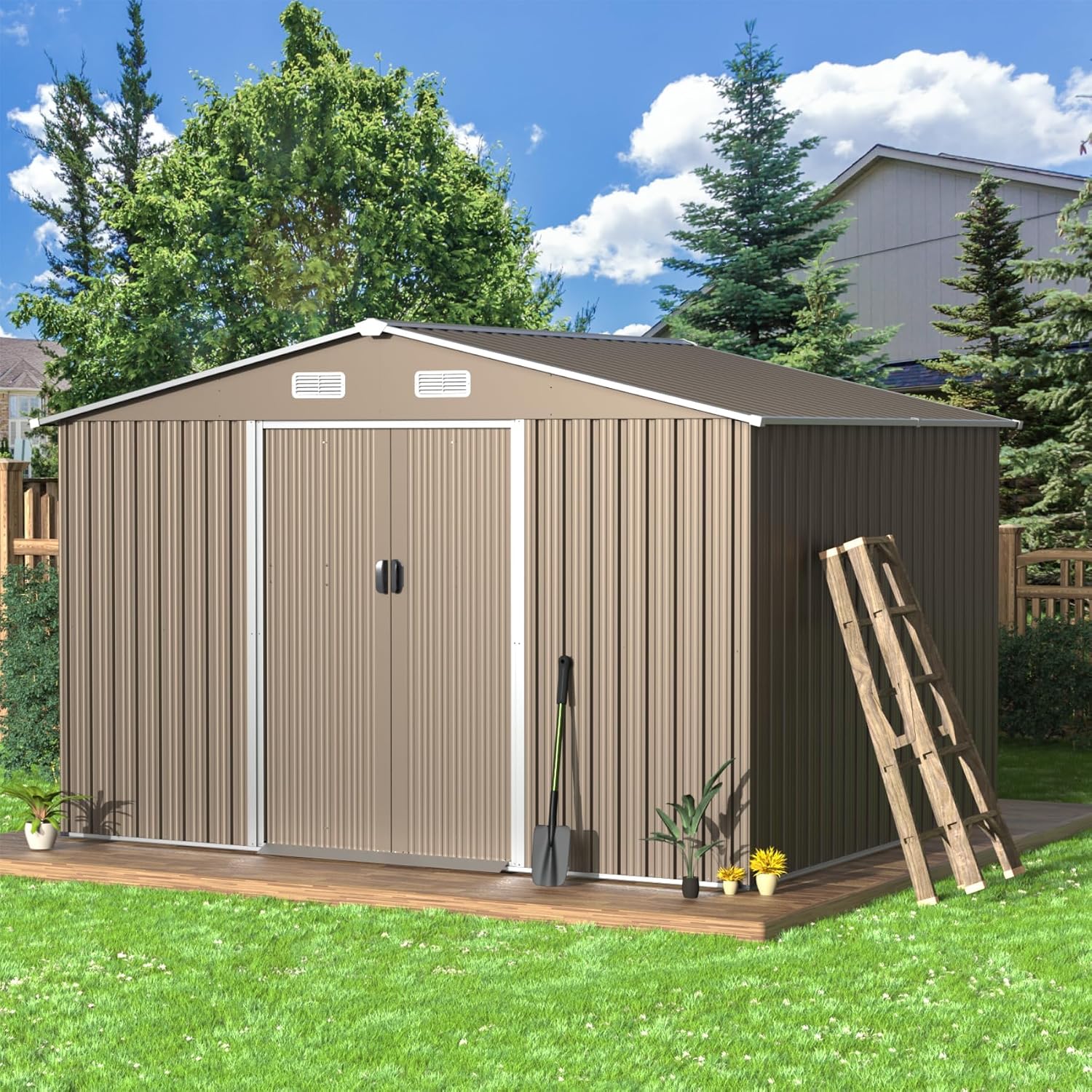 ALAULM 10'x8' Outdoor Storage Shed Outdoor Galvanized Metal Tool Shed with Vents & Sliding Door, Waterproof Garden Shed for Patio,Lawn,Backyard to Store Bikes,Tools-Brown