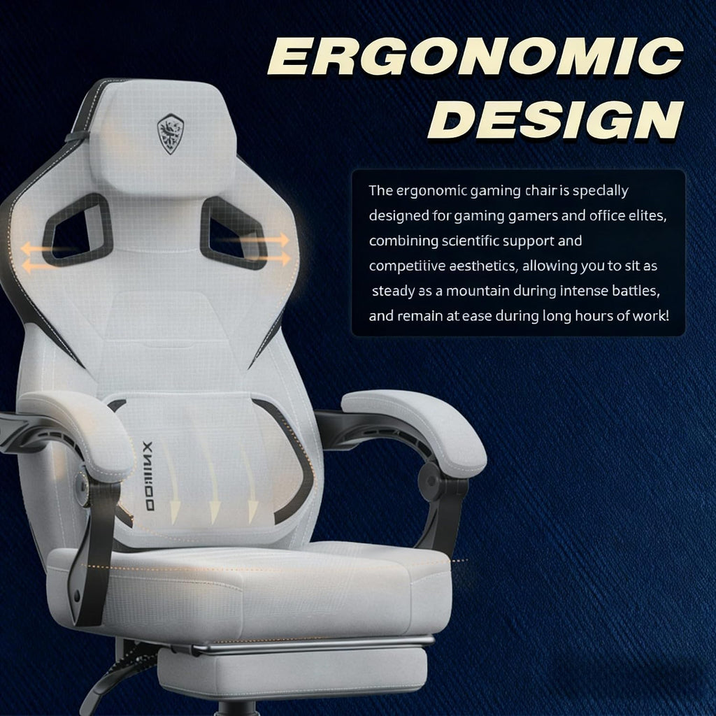 Dowinx Fabric Gaming Chair with Footrest, 350lb Big and Tall Gamer Chair, Wide Seat Ergonomic Computer Chair with Lumbar Massage Support, Wide Back Office Chair for Heavy People, Grey