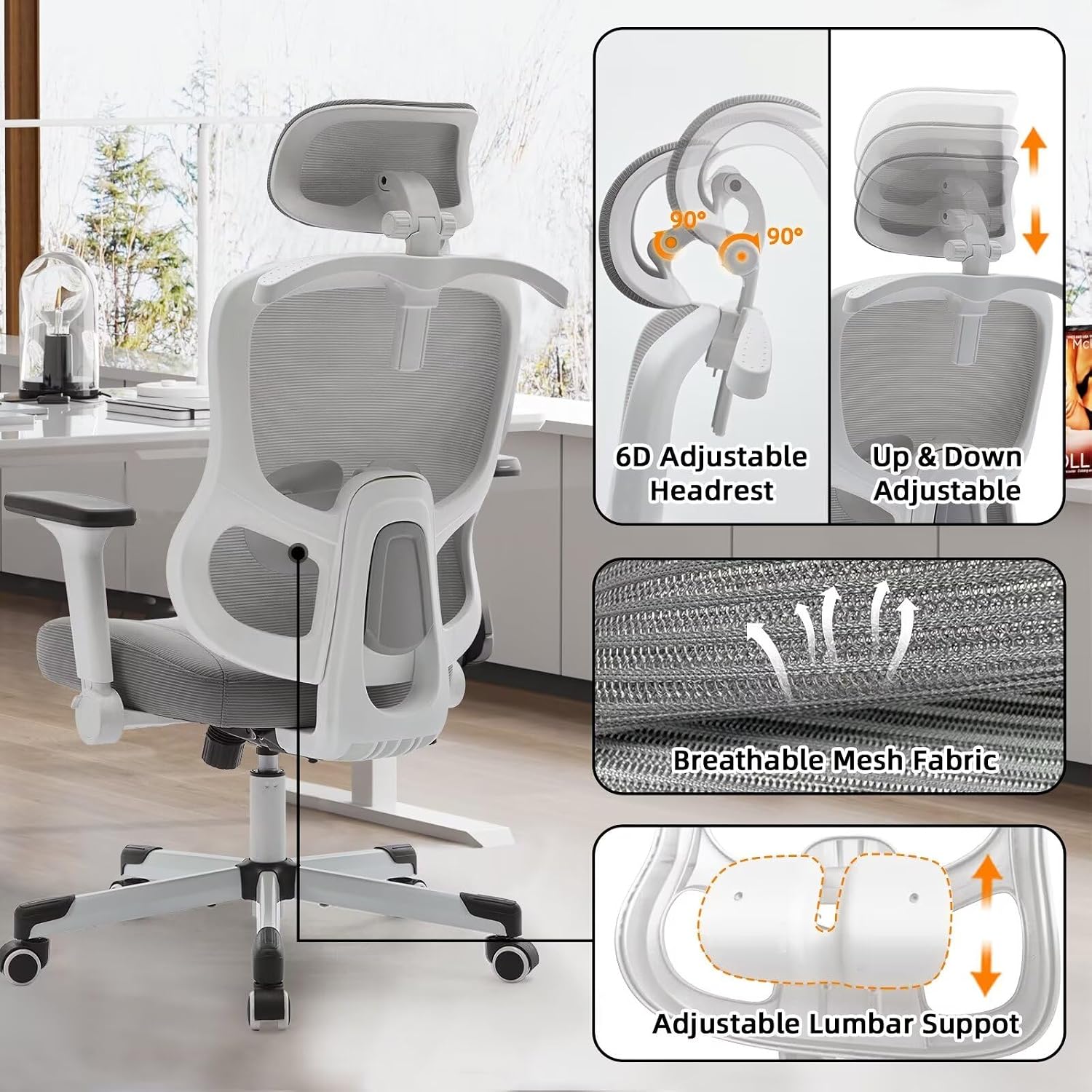 Ergonomic Office Chair Reclining Gaming Chair Adjustable Lumbar Support 4D Armrest 6D Headrest Breathable Mesh Swivel Computer Chairs Home Studio Chairs Desk Chair Coat Hanger Tilt Lock (Grey)