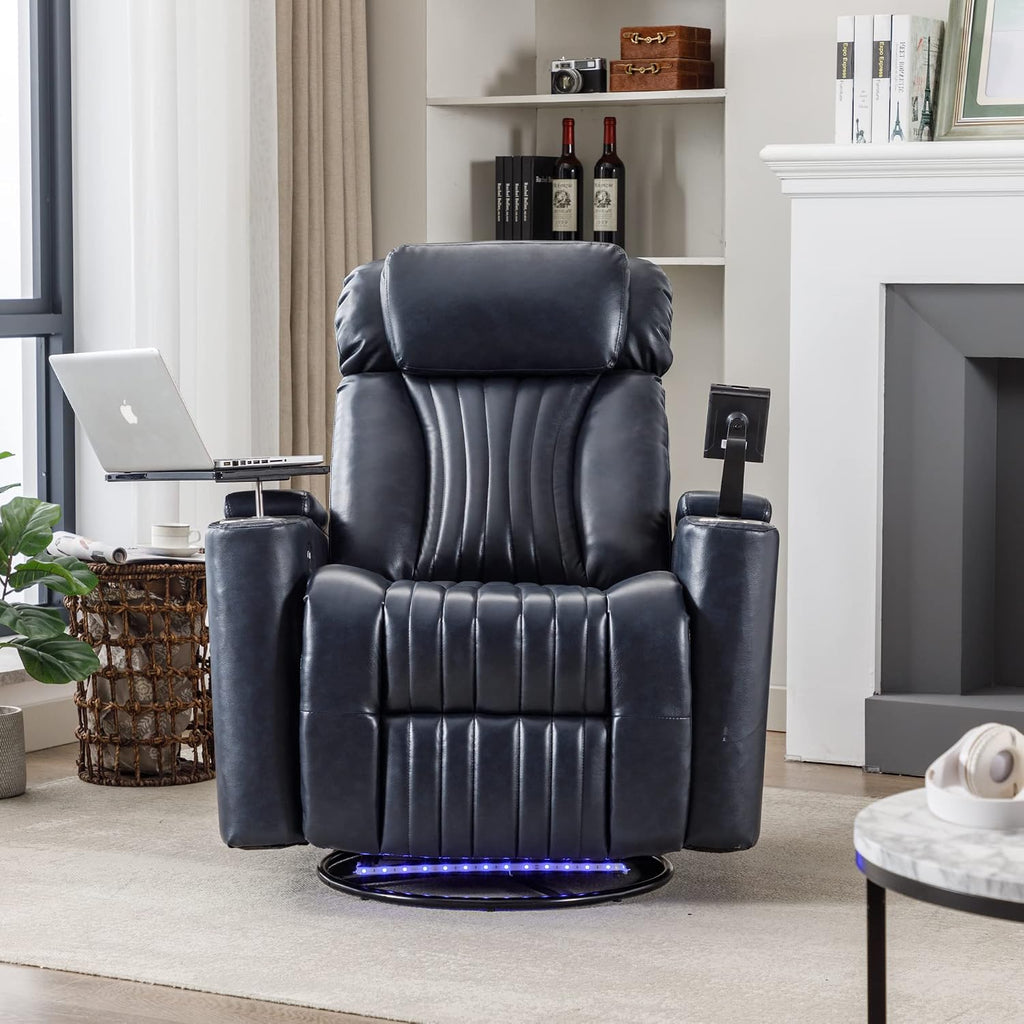 Merax 270 Degrees Power Swivel Recliner,Home Theater Seating with Hidden Arm Storage and LED Light Strip,Cup Holder,360 Degrees Swivel Tray Table,and Cell Phone Holder,Soft Living Room Chair,Blue