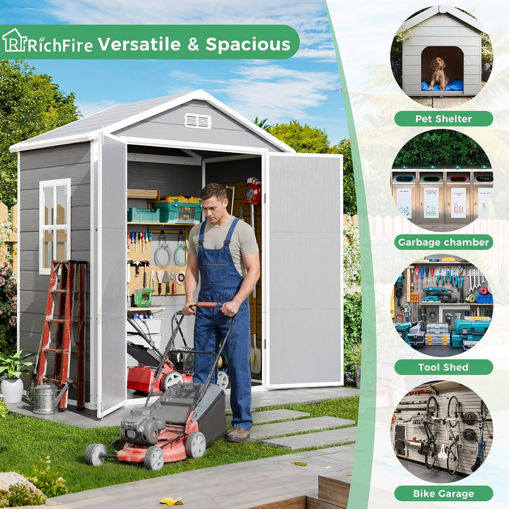6x3 FT Plastic Outdoor Storage Shed with Floor and Lockable Door, All-Weather Resin Storage Shed Easy to Install, Garden Shed/Tool Shed for Backyard, Patio, Lawn