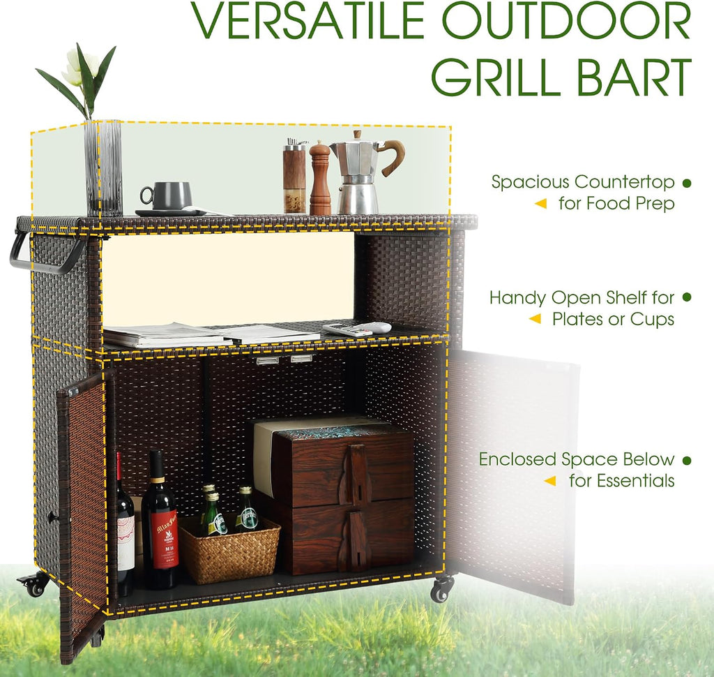 HOMEFUN Outdoor Bar Cart with Storage Cabinet - Outside Bar Table with Wheels Wicker Grill Carts Patio Kitchen Island Table Weatherproof Prep Stand, Brown