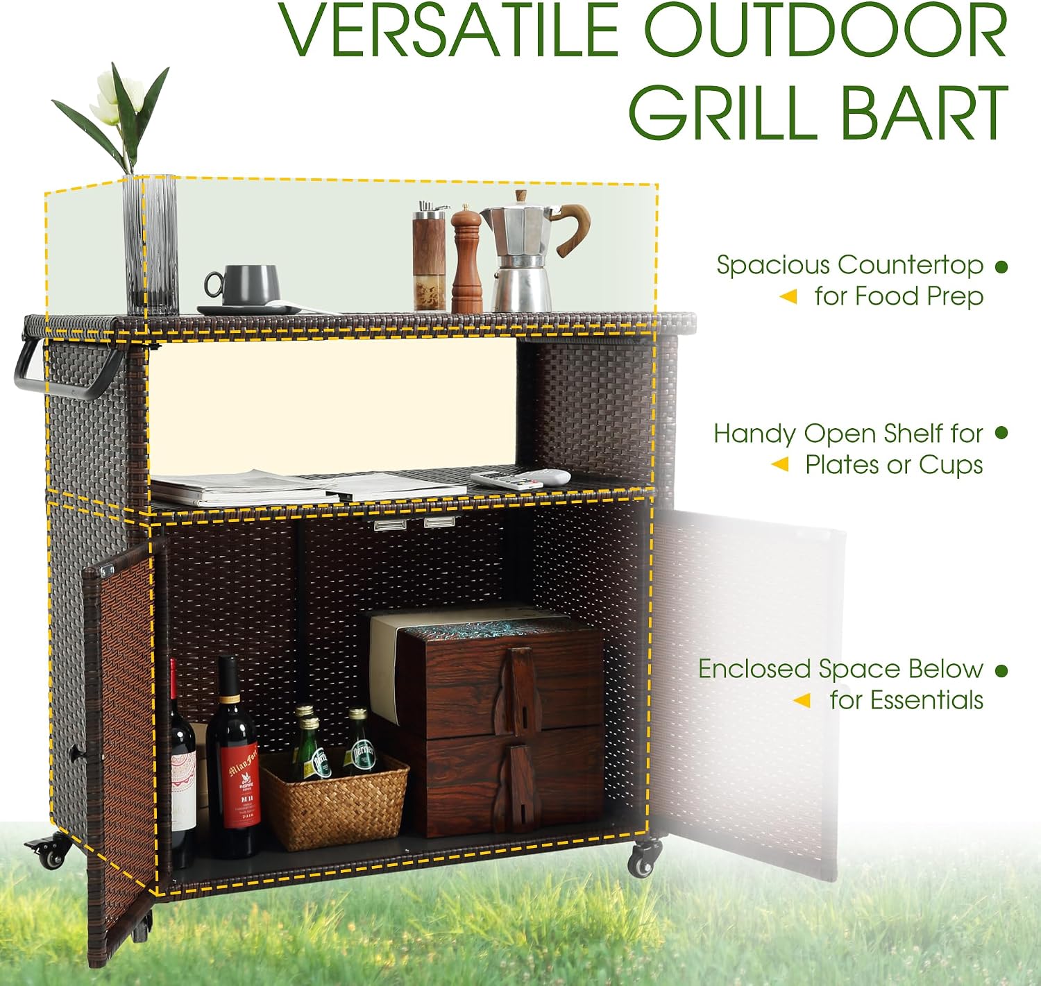 HOMEFUN Outdoor Bar Cart with Storage Cabinet - Outside Bar Table with Wheels Wicker Grill Carts Patio Kitchen Island Table Weatherproof Prep Stand, Brown