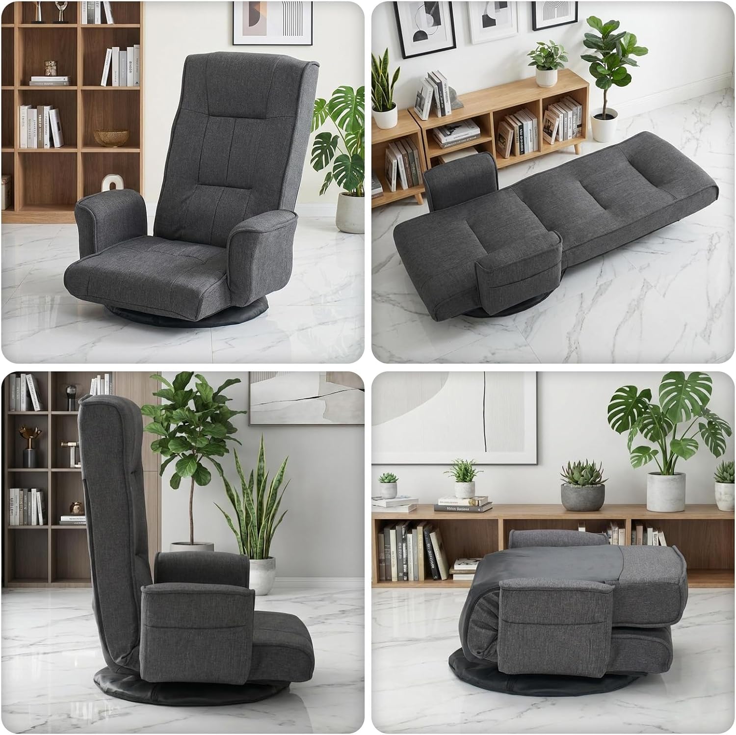 360 Swivel Gaming Chair 14-Position Adjustable Folding Floor Sofa with Armrests Lounger Bed for Home & Living Room Chaise Lounge Indoor for Adults QL201GR