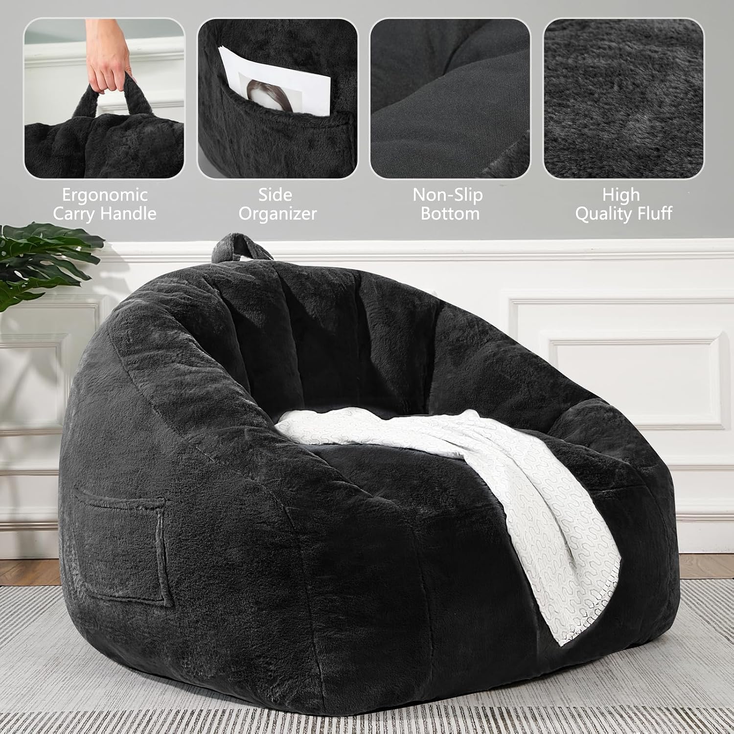 Giant Bean Bag Chair for Adults and Kids, Oversized BeanBag Couch Filler with Memory Foam, Faux Fur Shell-Shaped Boneless Chair for Reading, Stuffed Big Accent Sofa Living Room, Black