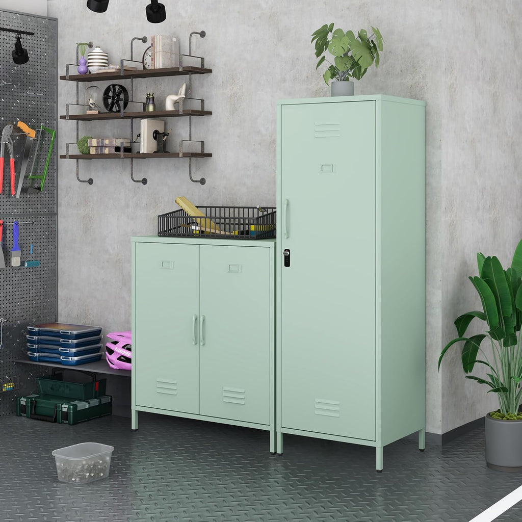 Metal Locker Storage Cabinets Lockable Single File Storage Cabinet with Door and Removable Shelves Kids Locker for School Gym Pantry Kitchen (Green)