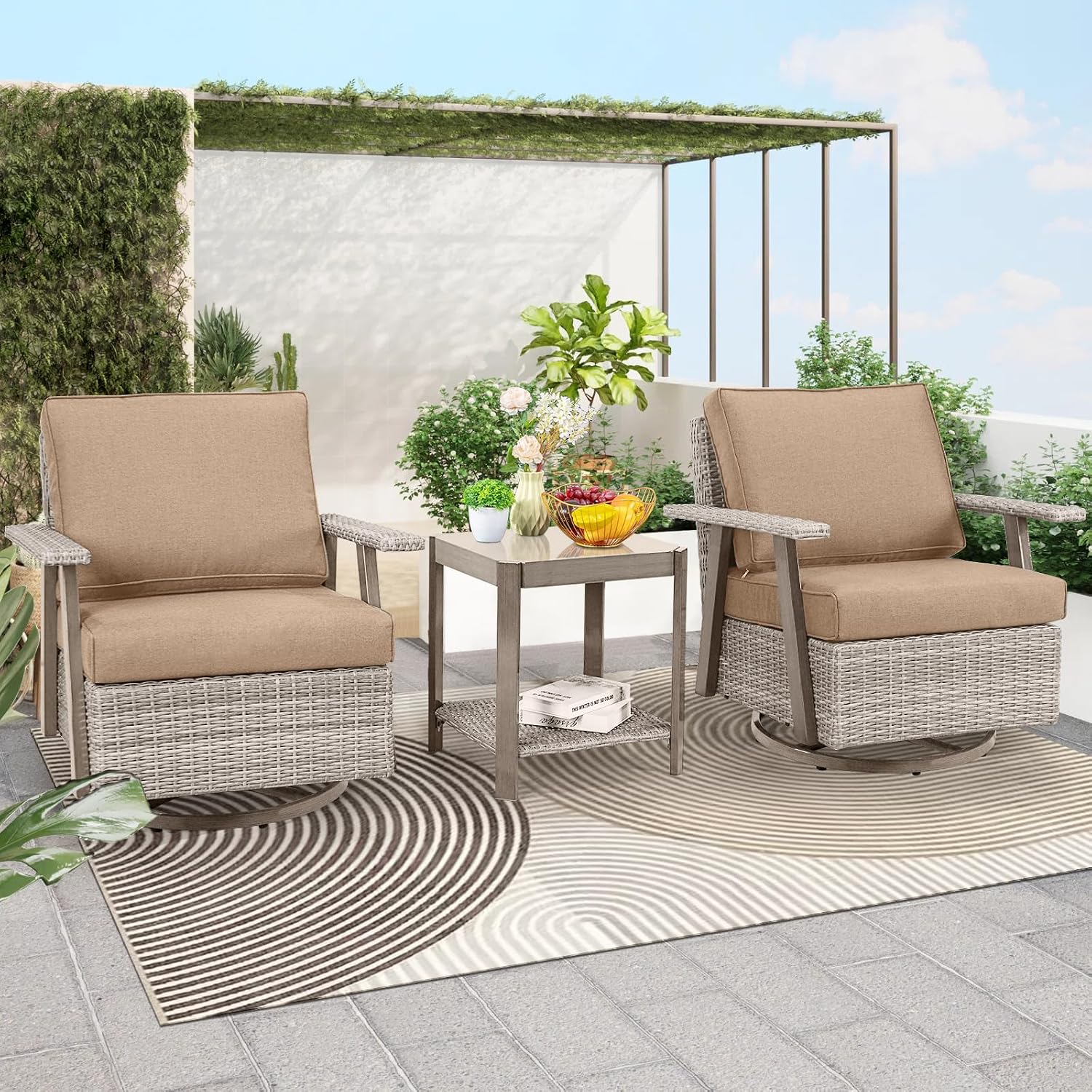 3 Pieces Outdoor Patio Furniture Set with Swivel Rocking, PE Wicker Outdoor Swivel Chairs Set of 2 with Side Table, Oversized Patio Rocking Chairs Set for Porch, Balcony, Deck, Backyard(Camel)