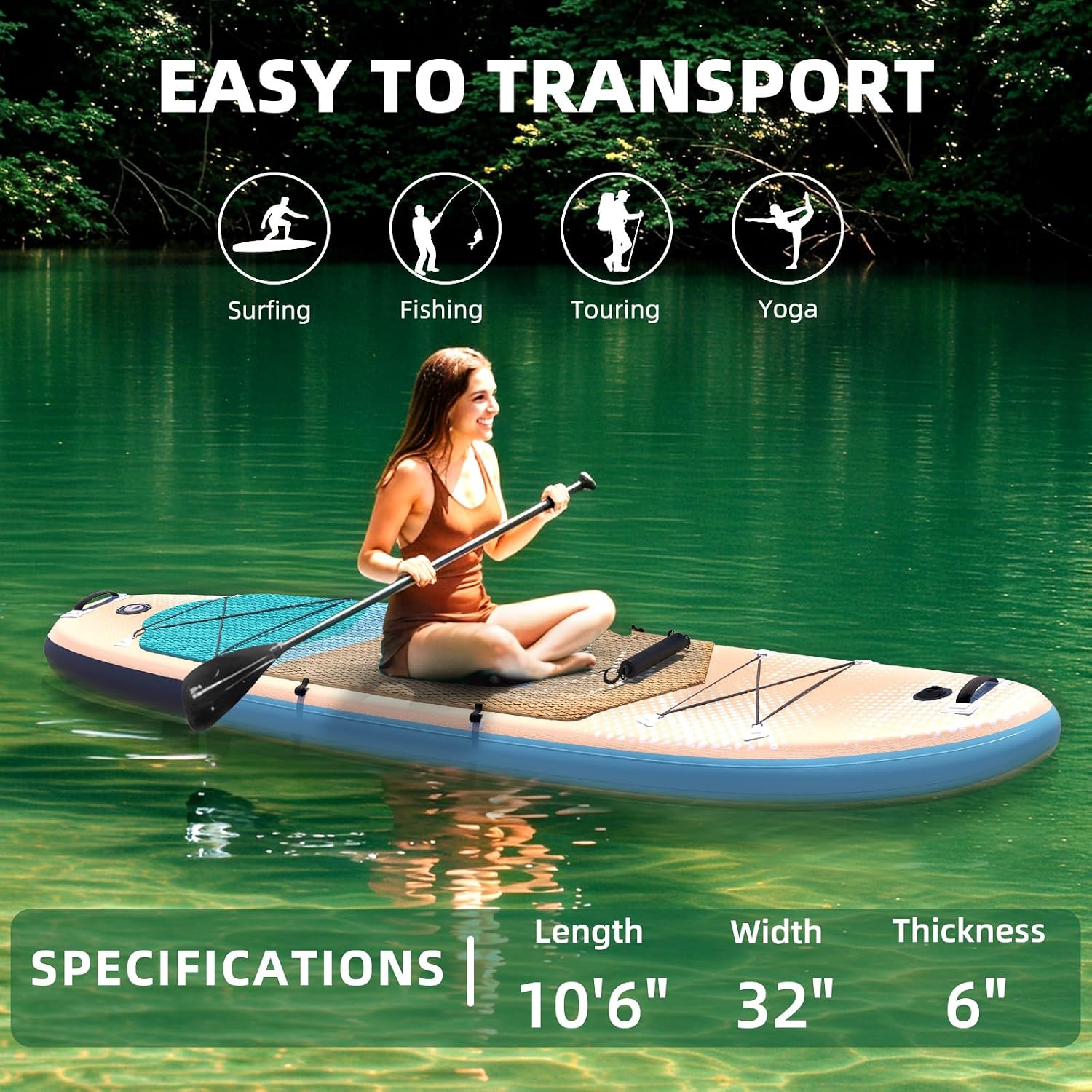 Inflatable 10.5' Stand Up Paddle Board with Strapped Seat, Premium SUP Board Kit, Includes Paddle, Pump, Backpack, Waterproof Bag, Perfect for Yoga, Fishing, and Surfing, Orange & Blue