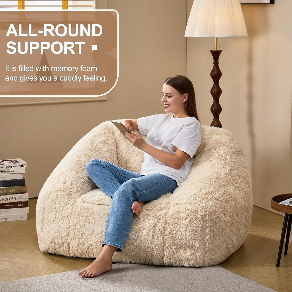 Hobestluk Giant Bean Bag Chair Memory Foam Filled Sofa Chair Bean Bag for Adults/Teens/Kids, Plush Fur Oversized Lazy Sofa for Living Room Bedroom Dorm(Beige)
