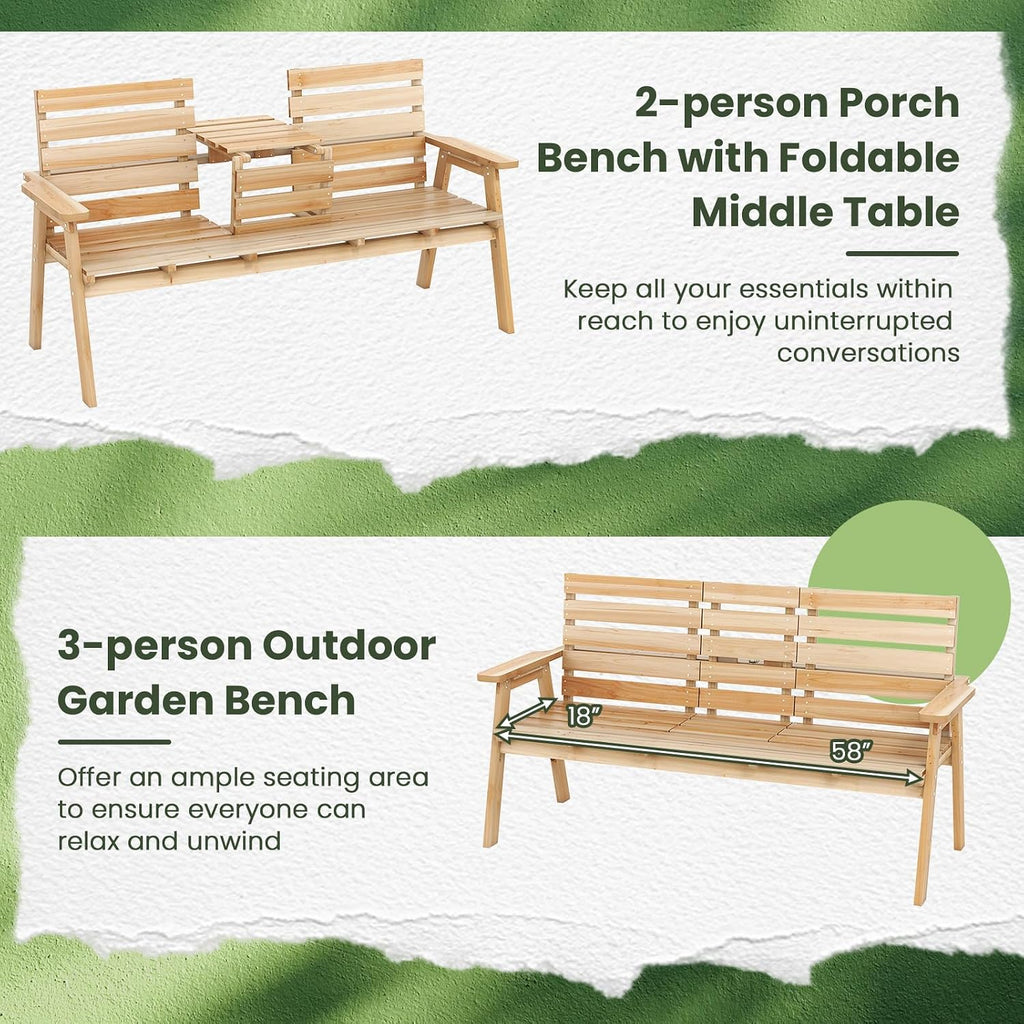 Tangkula Outdoor Fir Wood Bench with Foldable Middle Table, 2-3 Person Garden Bench with Backrest and Armrests, 710 lbs Weight Capacity, Slatted Seat Bench for Porch, Patio, Backyard